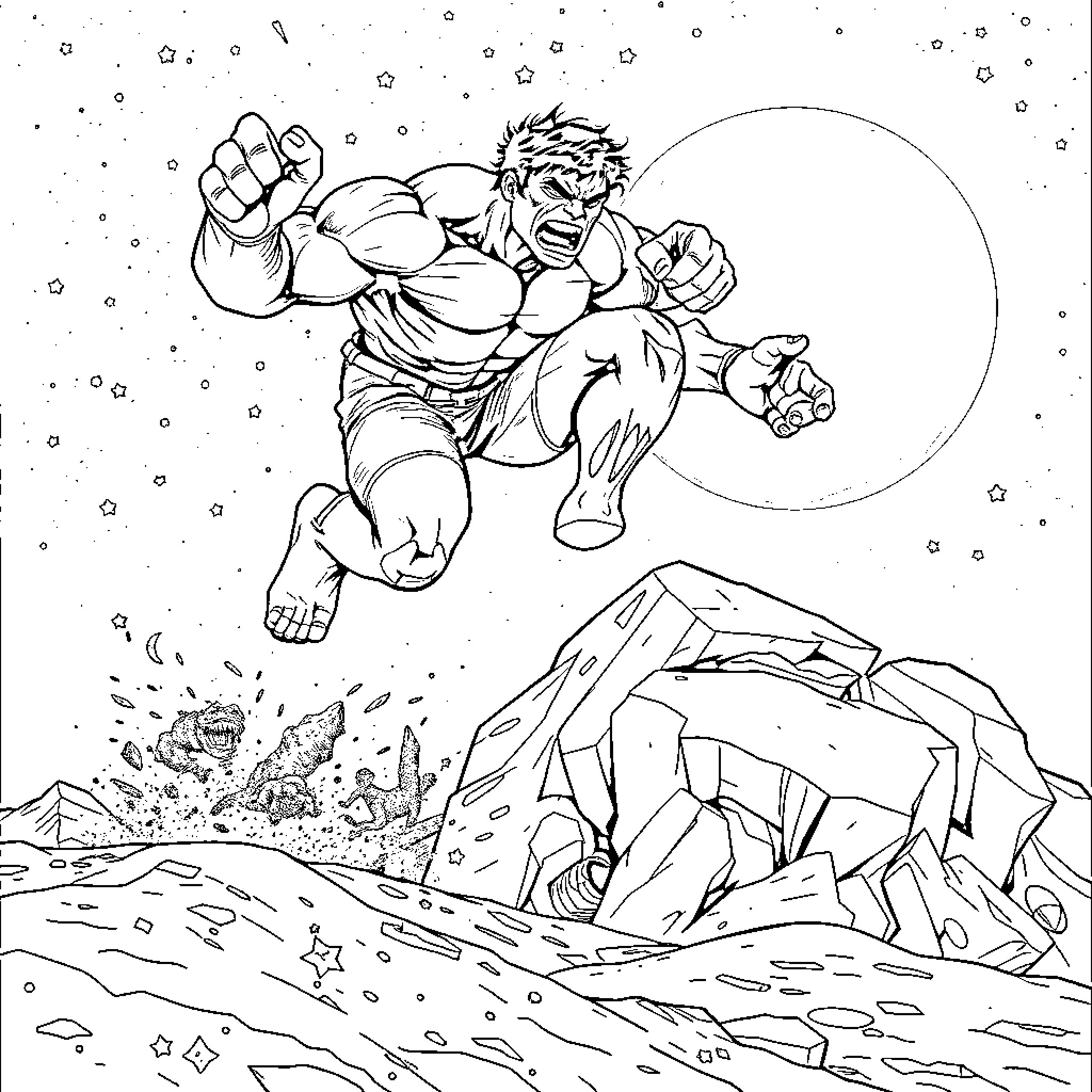 Hulk Leaping Through Snowy Landscape Coloring Page (free black-and-white line drawing printable PDF for all, from beginners to advanced learners, including children, teens, adults, and seniors)