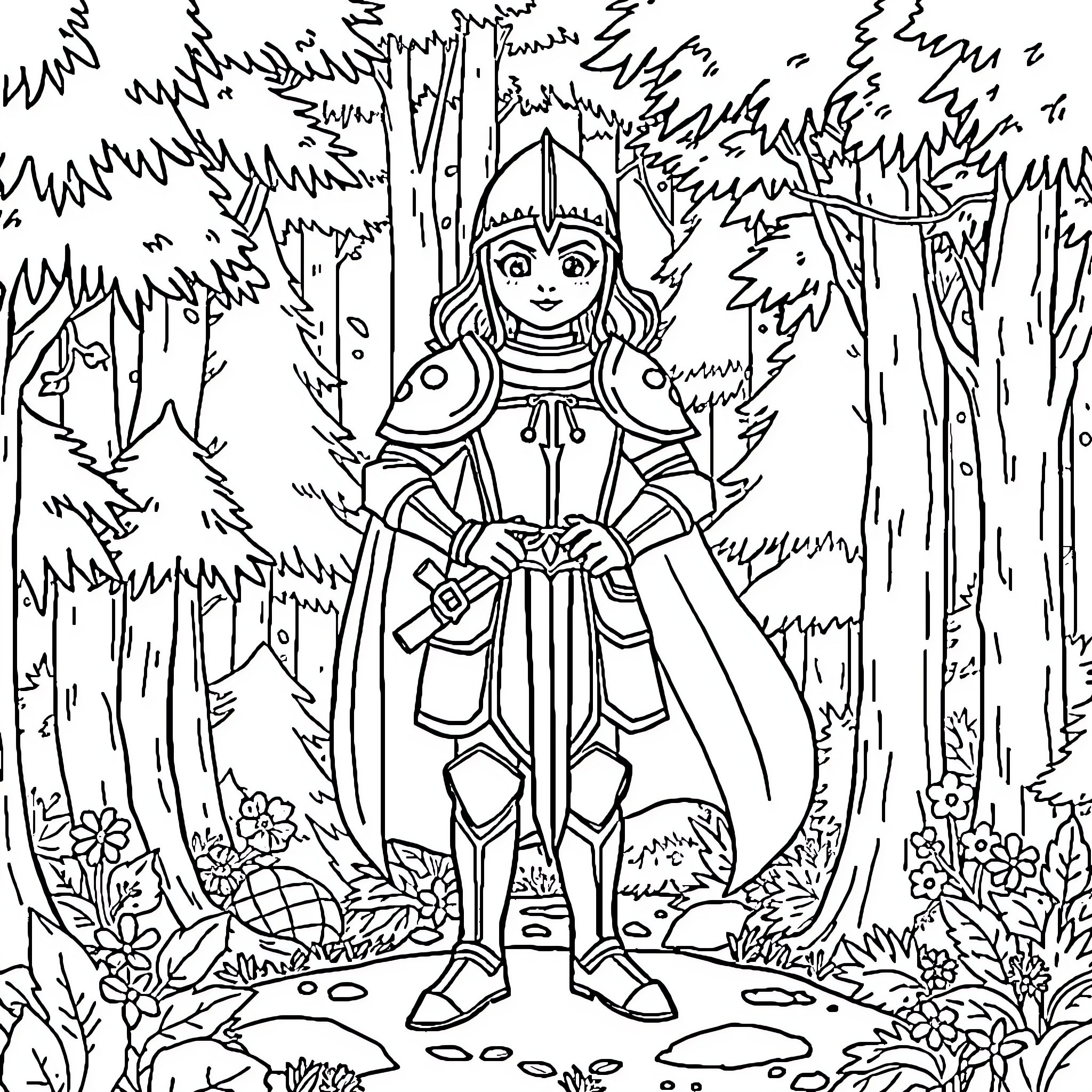 Holly Knight explores the enchanted forest Coloring Page (free black-and-white line drawing printable PDF for all, from beginners to advanced learners, including children, teens, adults, and seniors)