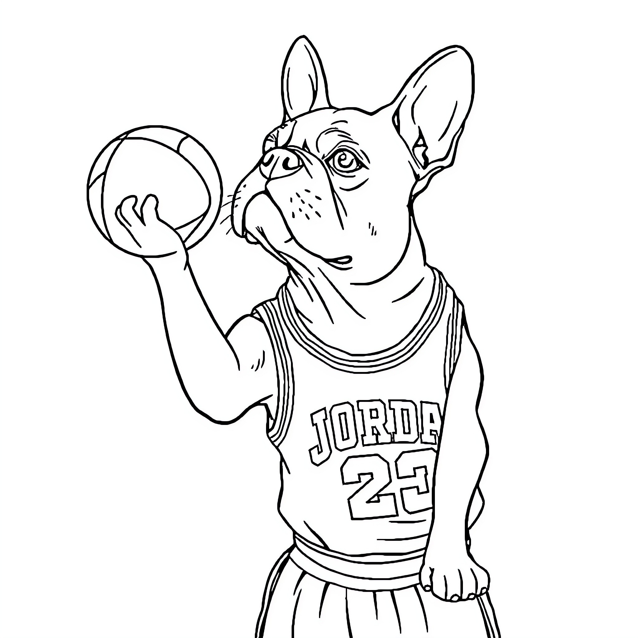 Boston Terrier playing basketball in jersey Coloring Page (free black-and-white line drawing printable PDF for all, from beginners to advanced learners, including children, teens, adults, and seniors)