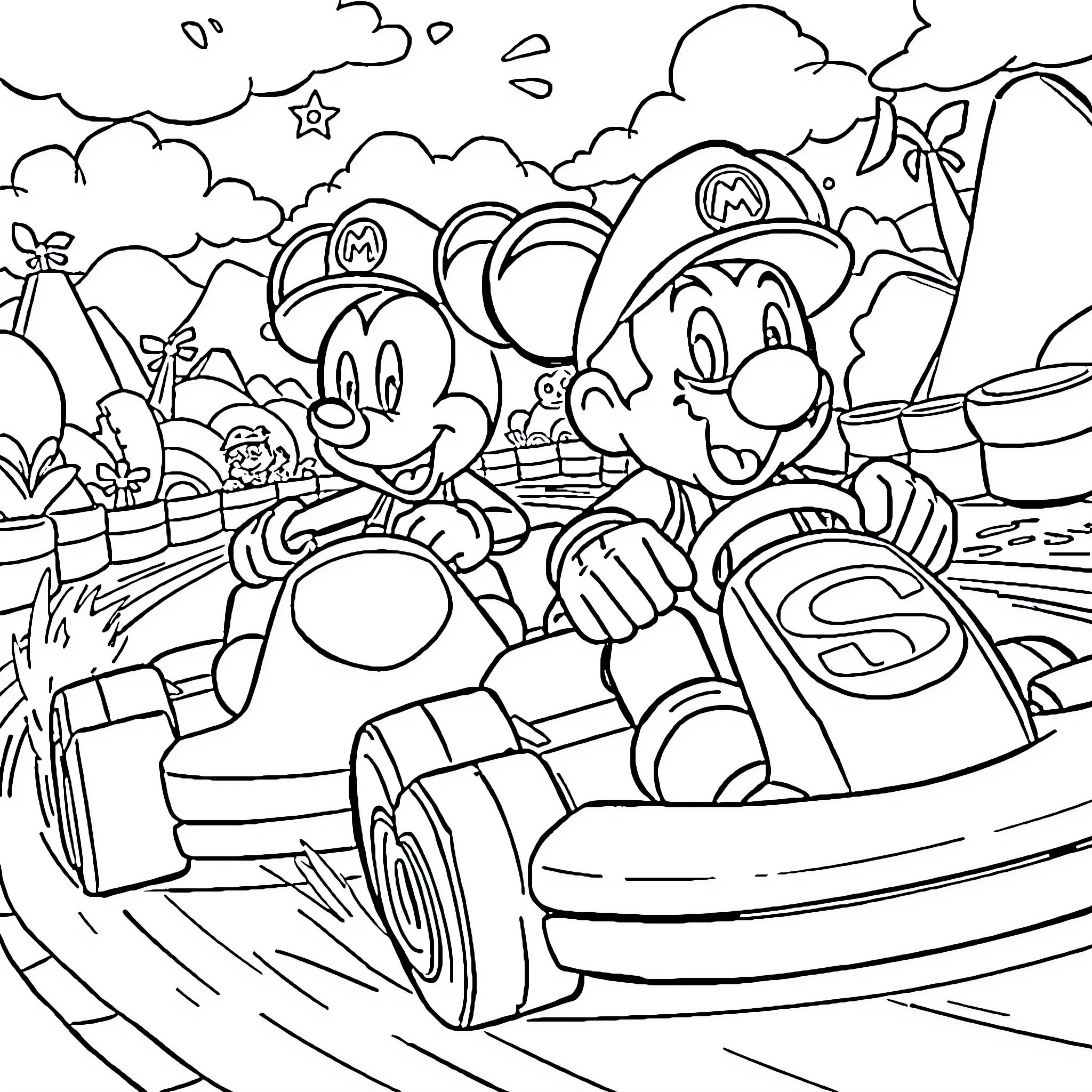 Mickey Mouse characters in a kart racing scene Coloring Page (free black-and-white line drawing printable PDF for all, from beginners to advanced learners, including children, teens, adults, and seniors)