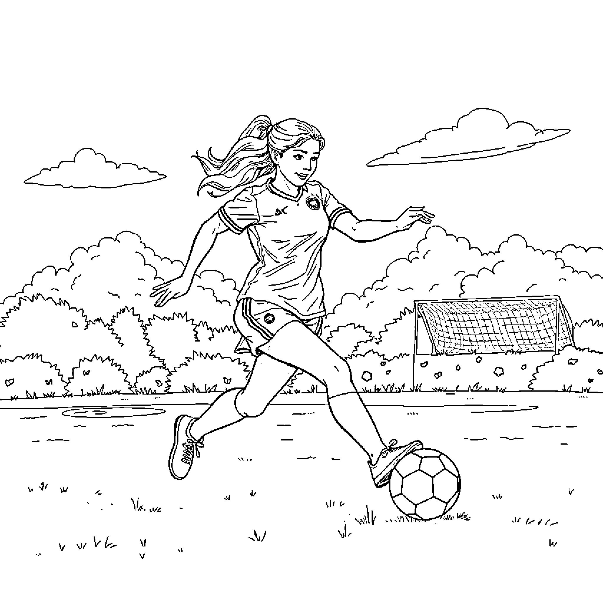 Valerina playing soccer joyfully in the countryside Coloring Page (free black-and-white line drawing printable PDF for all, from beginners to advanced learners, including children, teens, adults, and seniors)