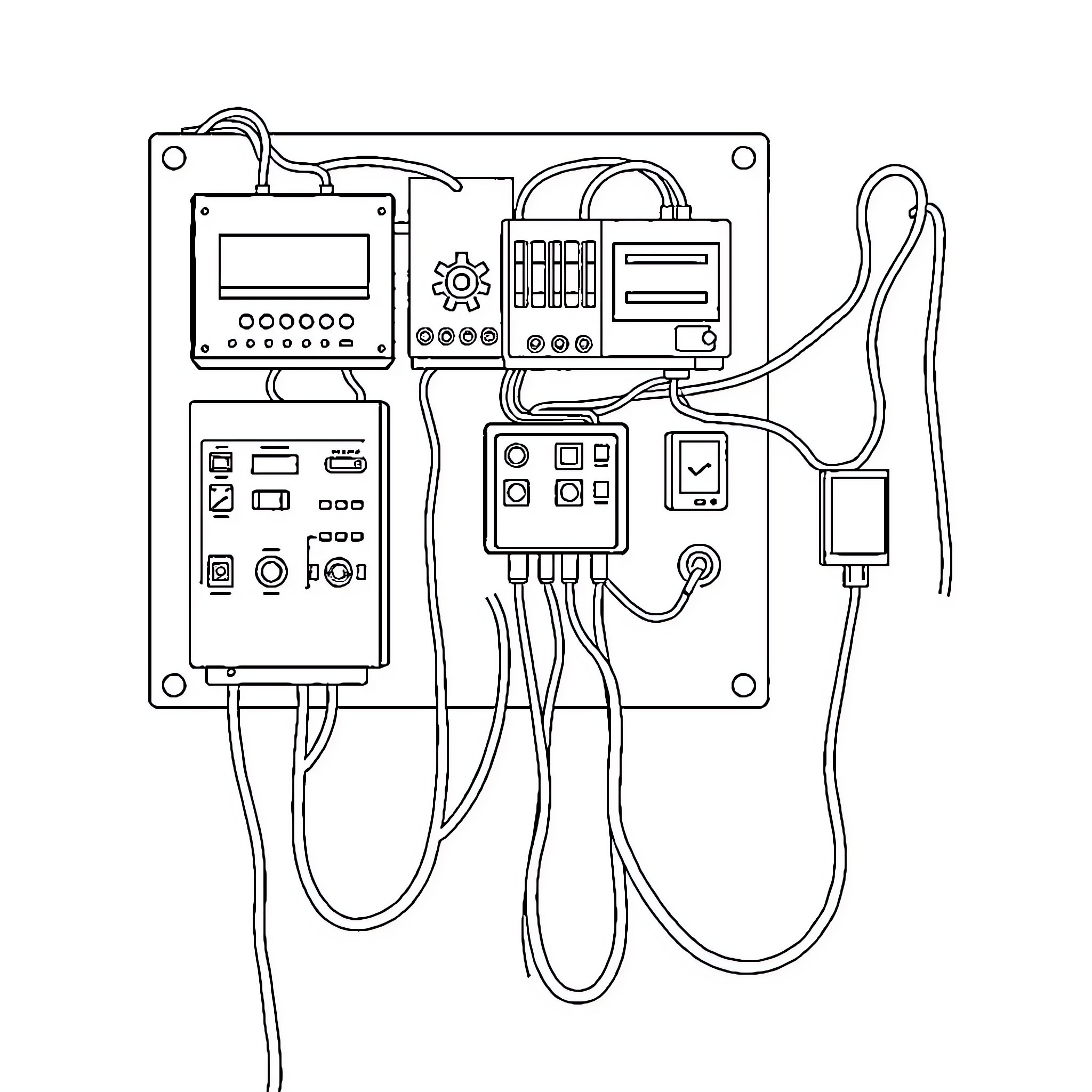 Electrical Network Displaying Various Electronic Devices Coloring Page (free black-and-white line drawing printable PDF for all, from beginners to advanced learners, including children, teens, adults, and seniors)