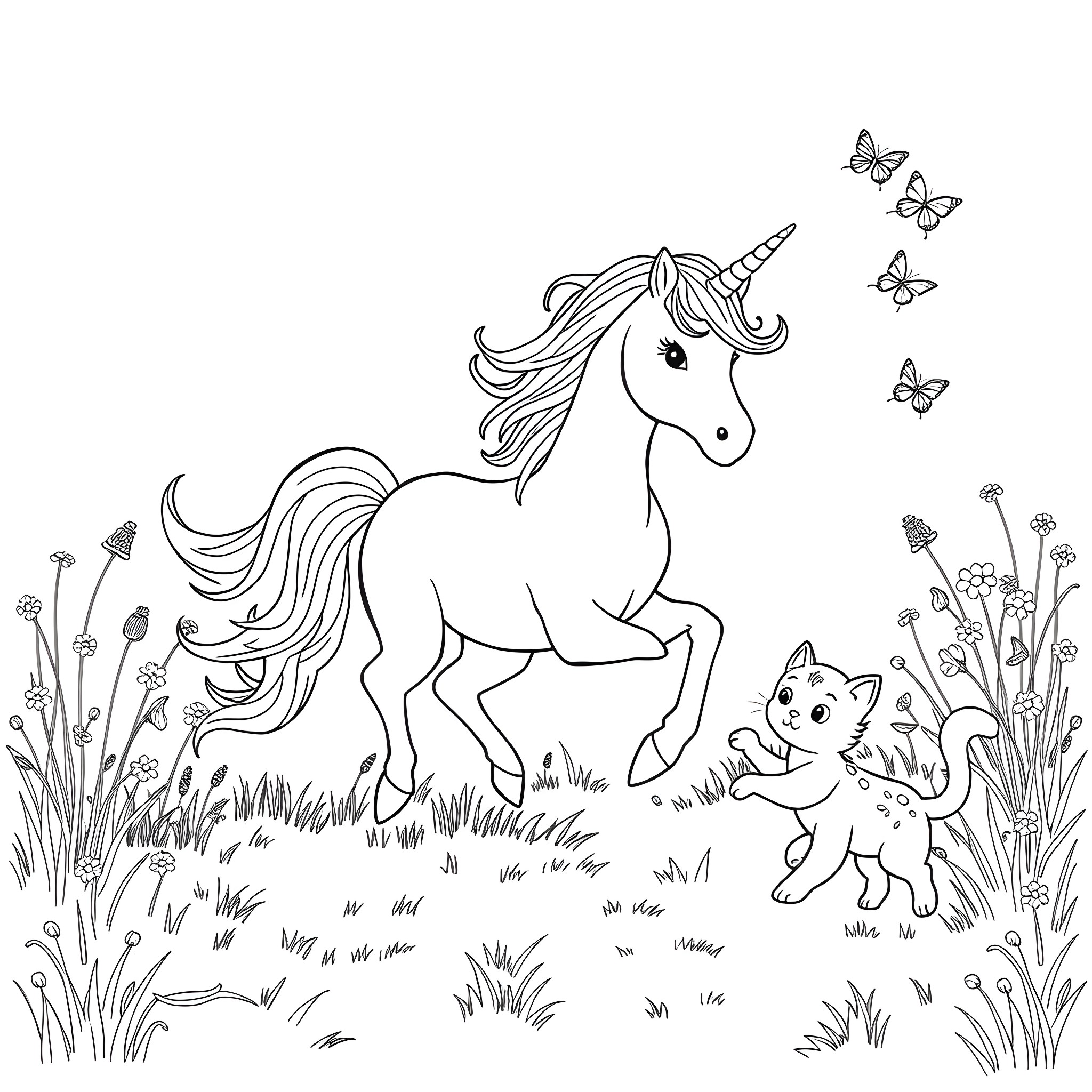 Unicorn and playful cat in enchanted meadow Coloring Page (free black-and-white line drawing printable PDF for all, from beginners to advanced learners, including children, teens, adults, and seniors)