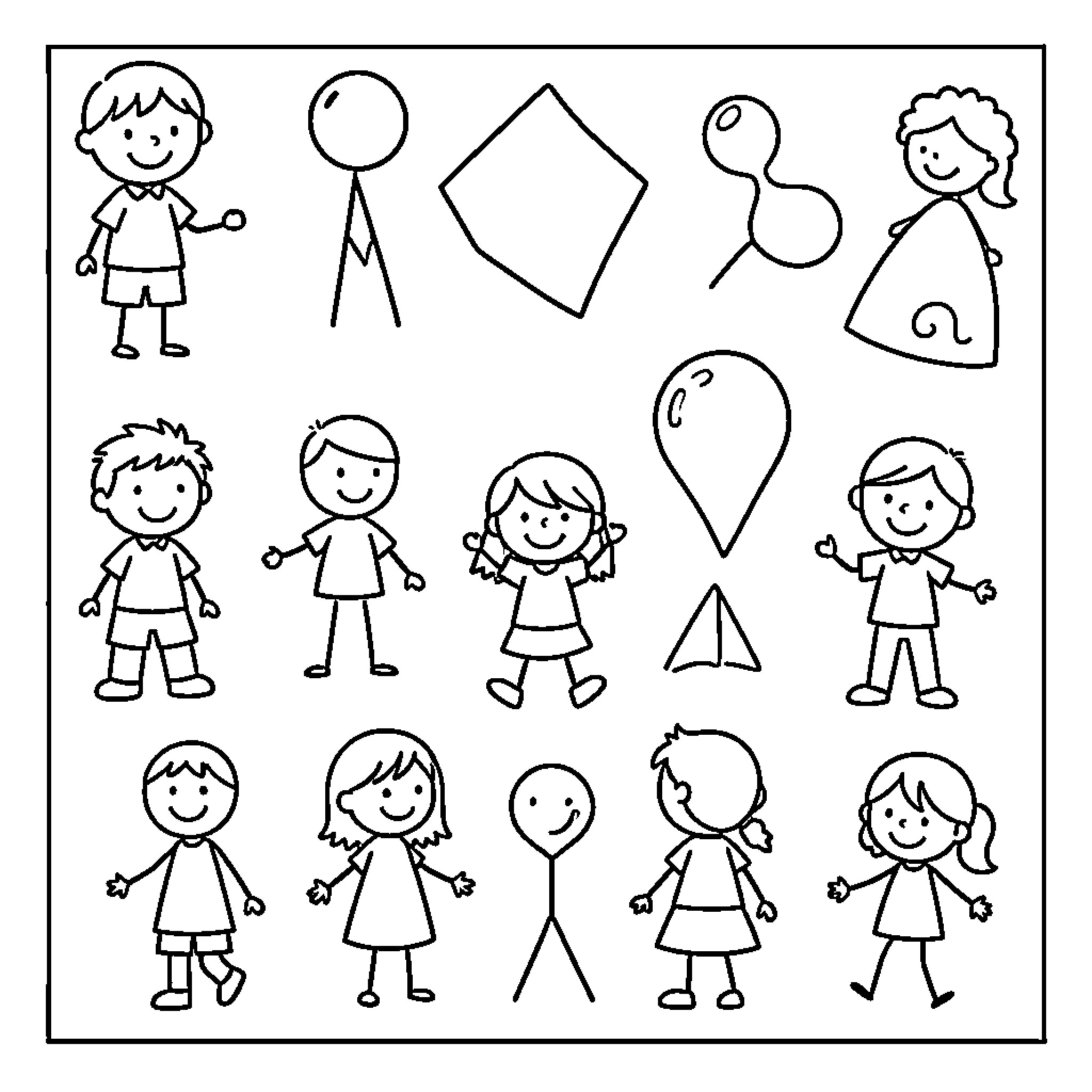 Kid characters smiling and playing with various shapes Coloring Page (free black-and-white line drawing printable PDF for all, from beginners to advanced learners, including children, teens, adults, and seniors)