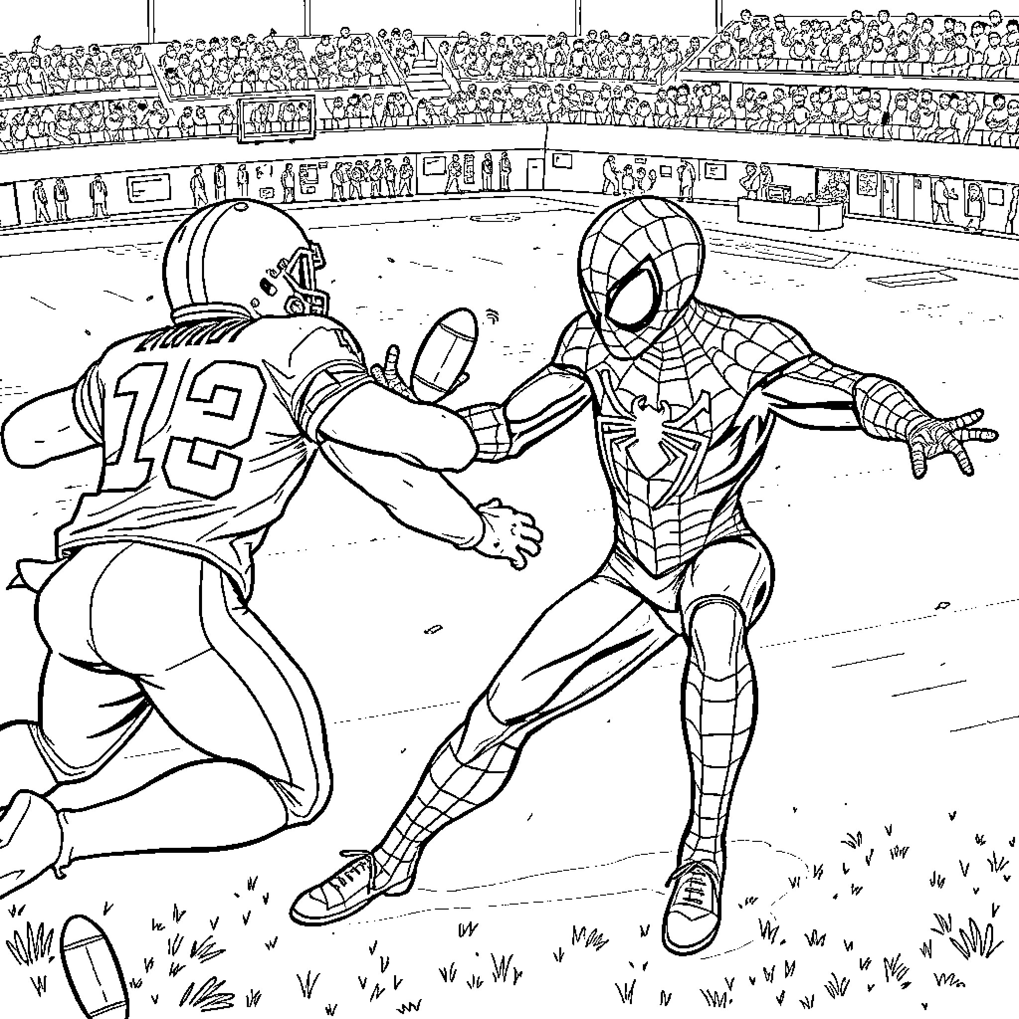 Spider-Man tackles an opponent on the football field Coloring Page (free black-and-white line drawing printable PDF for all, from beginners to advanced learners, including children, teens, adults, and seniors)