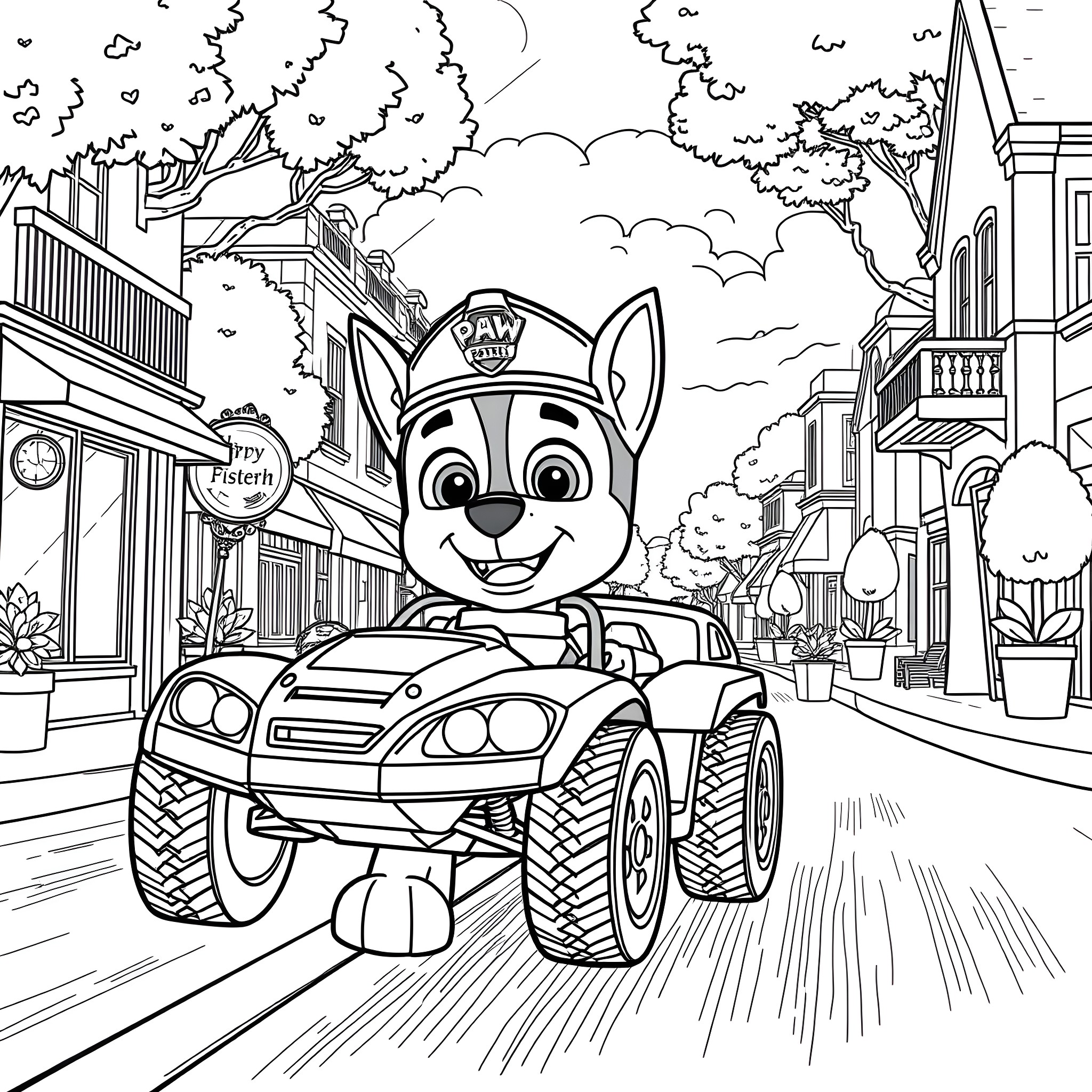Chase through the Paw Patrol town Coloring Page (free black-and-white line drawing printable PDF for all, from beginners to advanced learners, including children, teens, adults, and seniors)