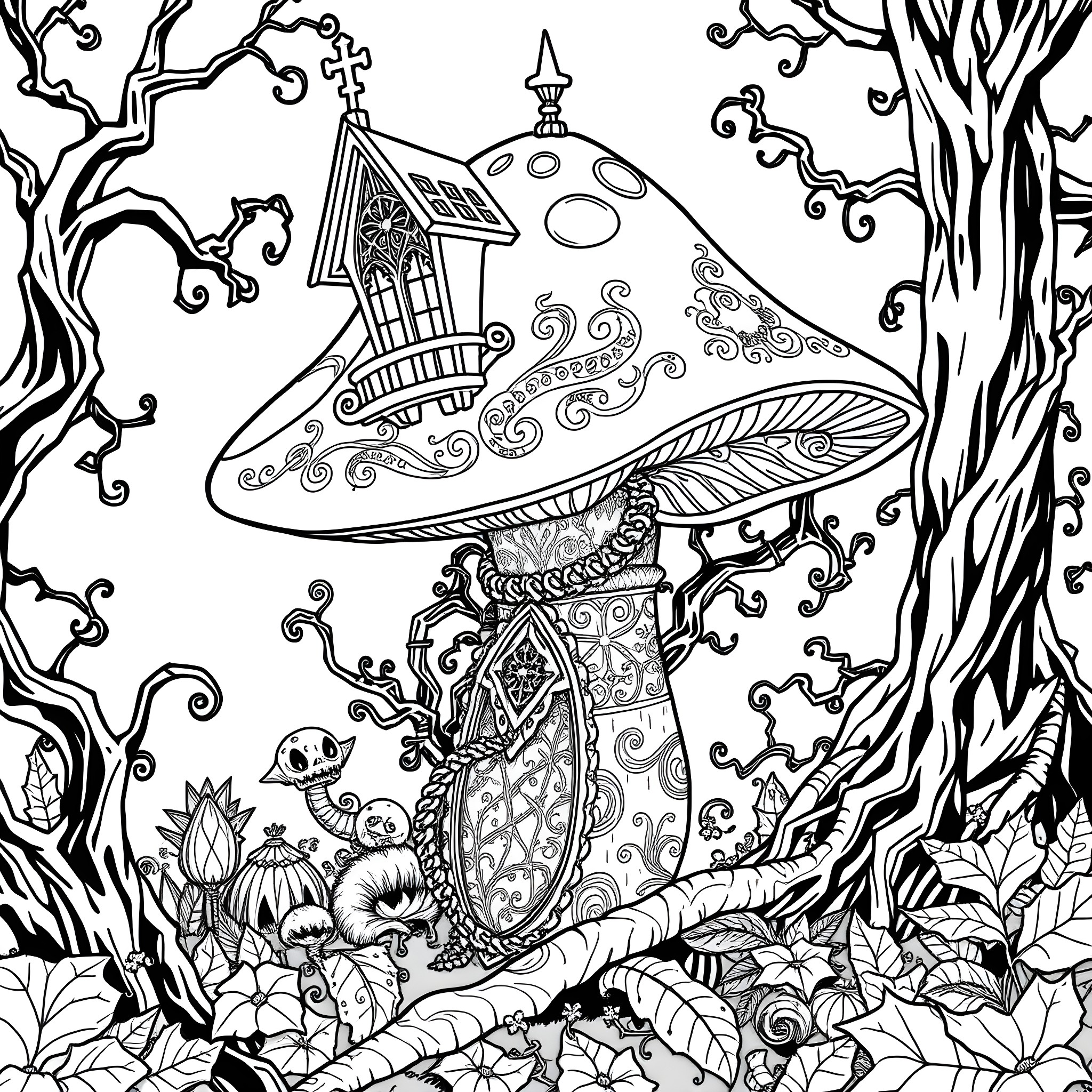 Mushroom Forest Enchantment Coloring Page (free black-and-white line drawing printable PDF for all, from beginners to advanced learners, including children, teens, adults, and seniors)