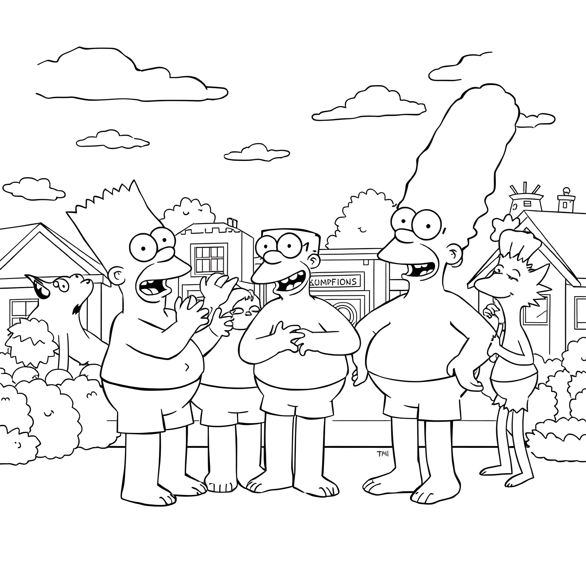 Simpsons characters in a cartoon neighborhood scene Coloring Page (free black-and-white line drawing printable PDF for all, from beginners to advanced learners, including children, teens, adults, and seniors)