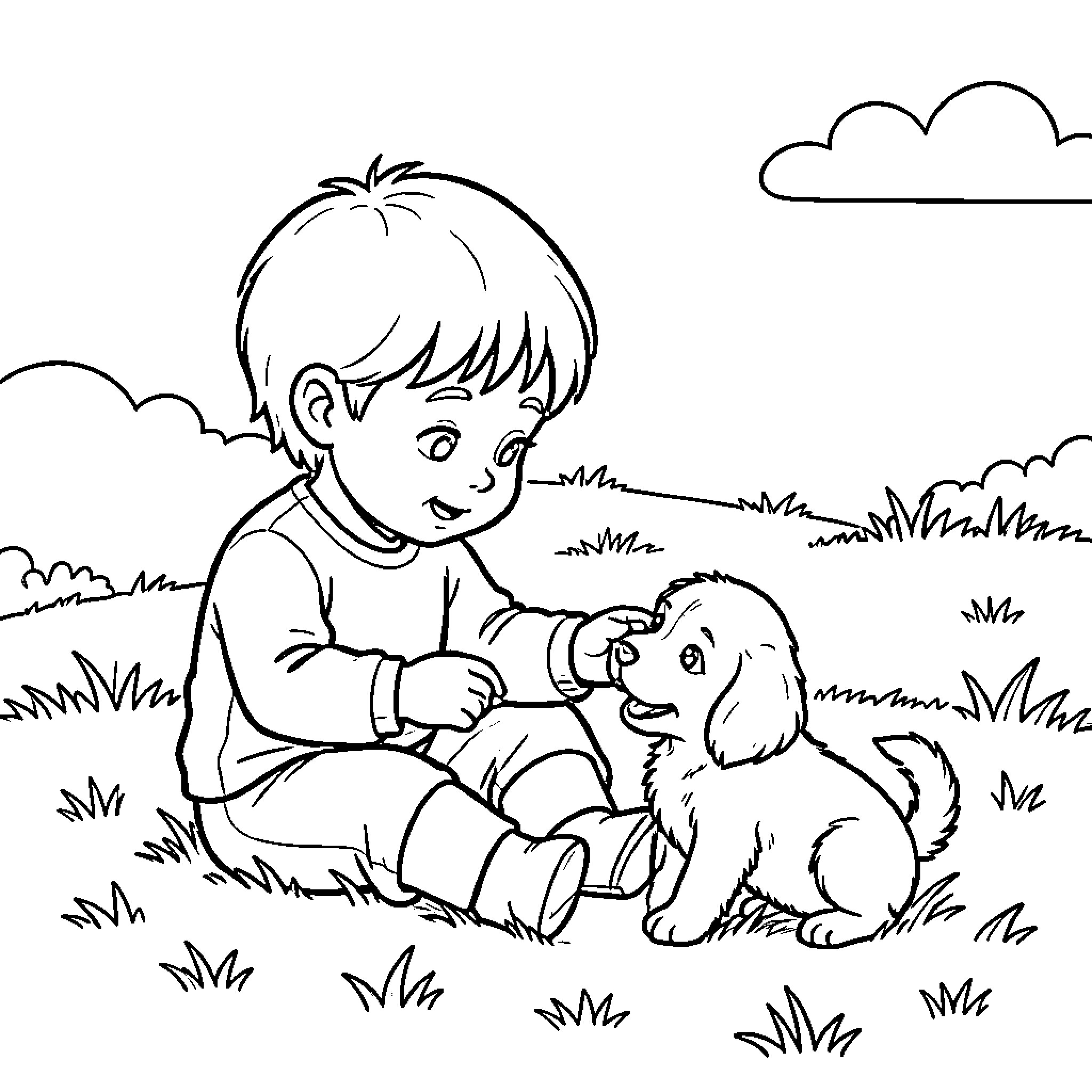 Person sitting on the grass playing with a puppy Coloring Page (free black-and-white line drawing printable PDF for all, from beginners to advanced learners, including children, teens, adults, and seniors)
