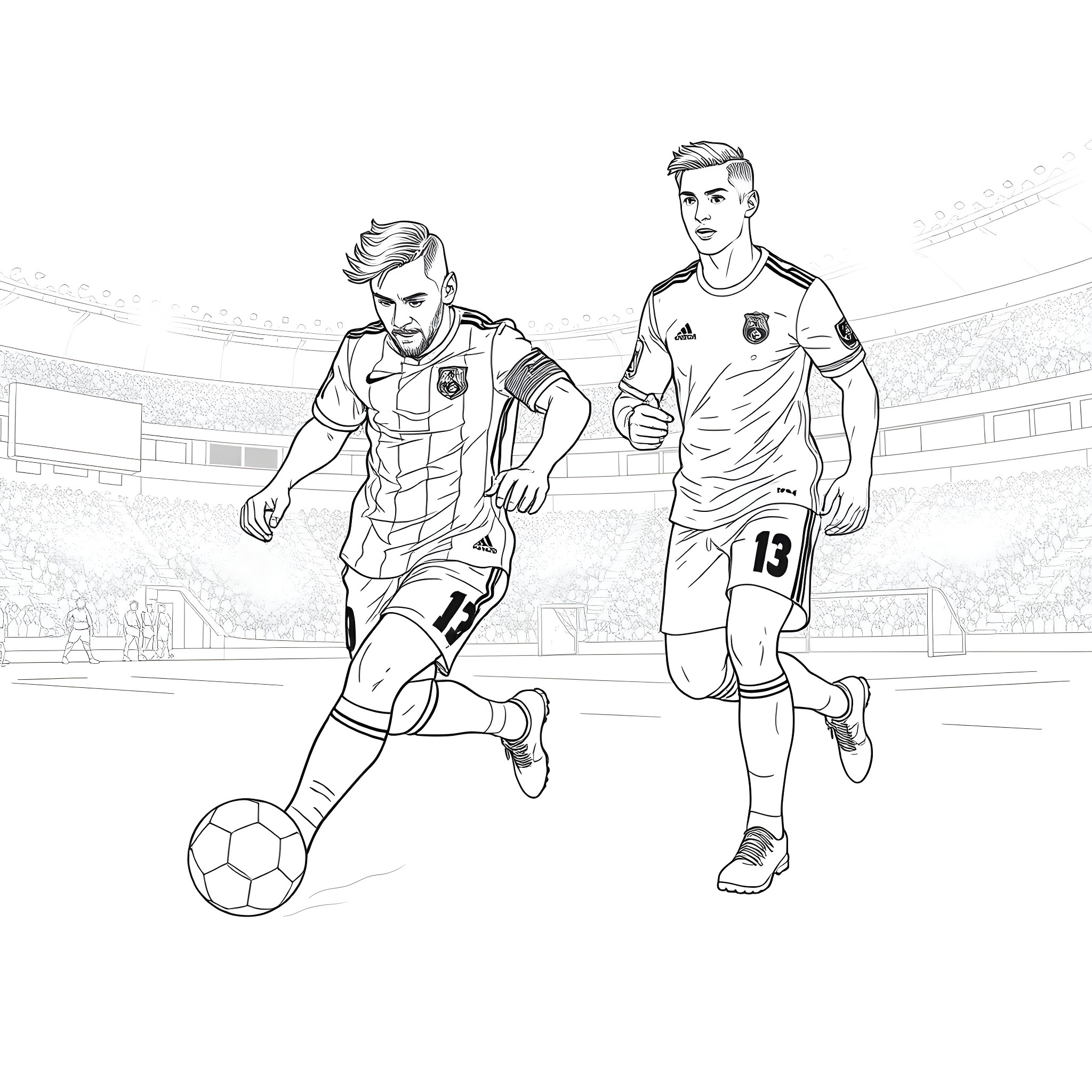 Lionel Messi and teammate playing soccer on the field Coloring Page (free black-and-white line drawing printable PDF for all, from beginners to advanced learners, including children, teens, adults, and seniors)