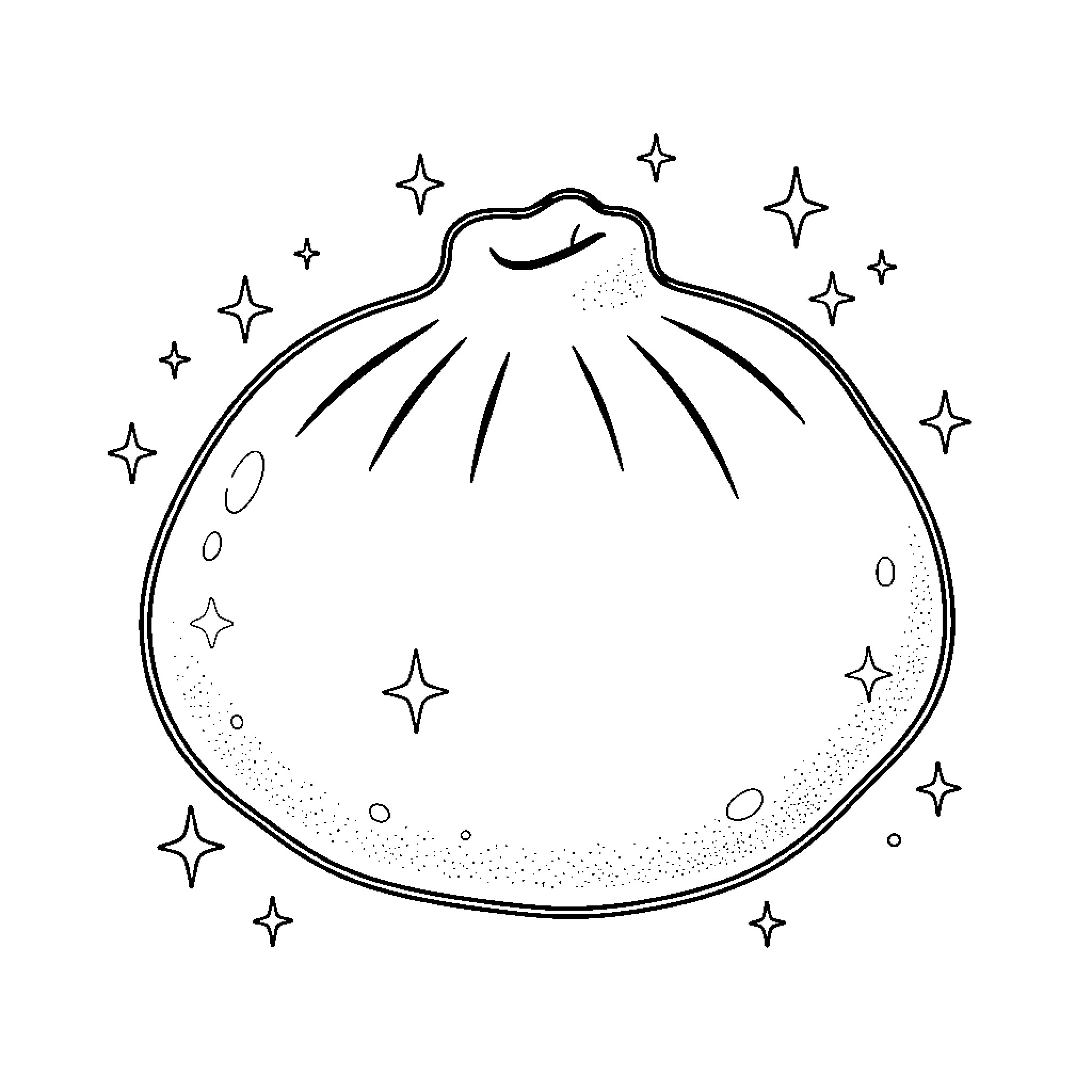Dumpling surrounded by sparkling stars Coloring Page (free black-and-white line drawing printable PDF for all, from beginners to advanced learners, including children, teens, adults, and seniors)