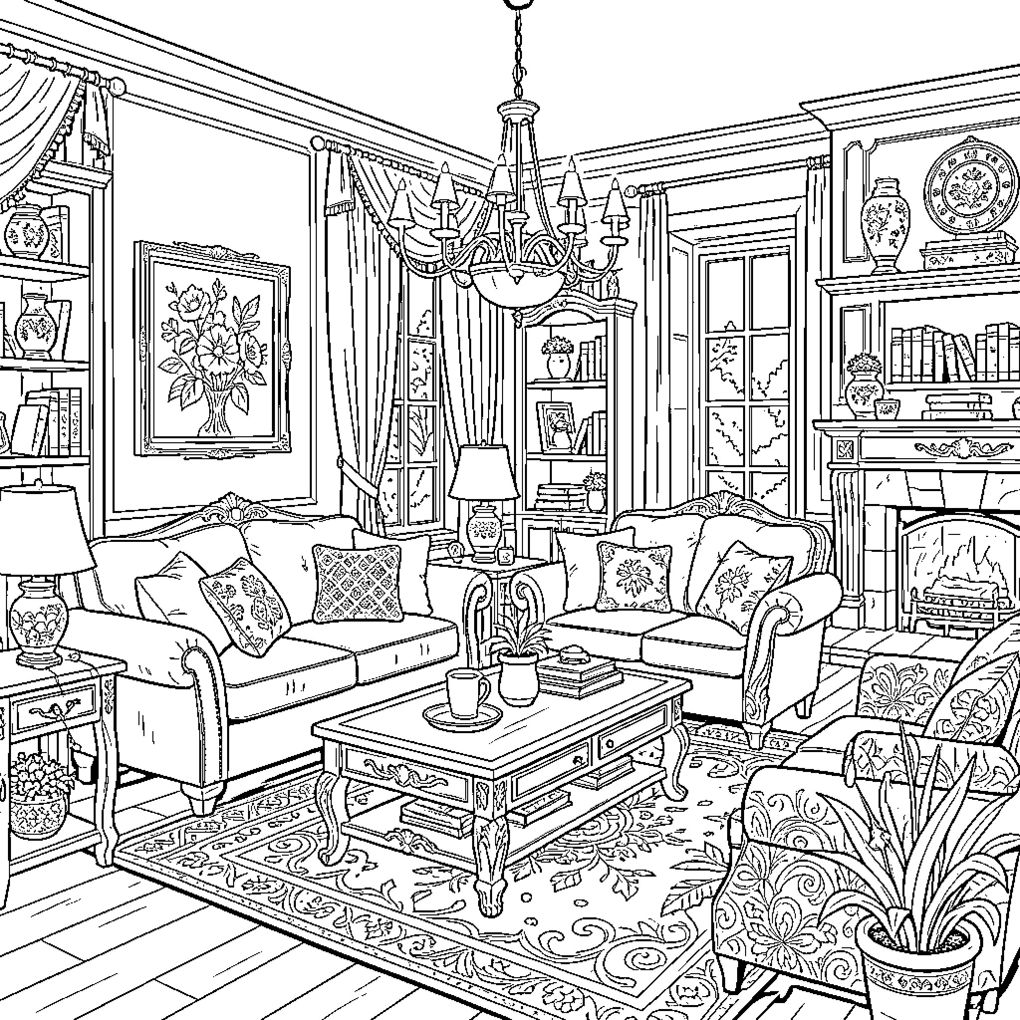 Interior of a cozy and elegantly furnished living room Coloring Page (free black-and-white line drawing printable PDF for all, from beginners to advanced learners, including children, teens, adults, and seniors)