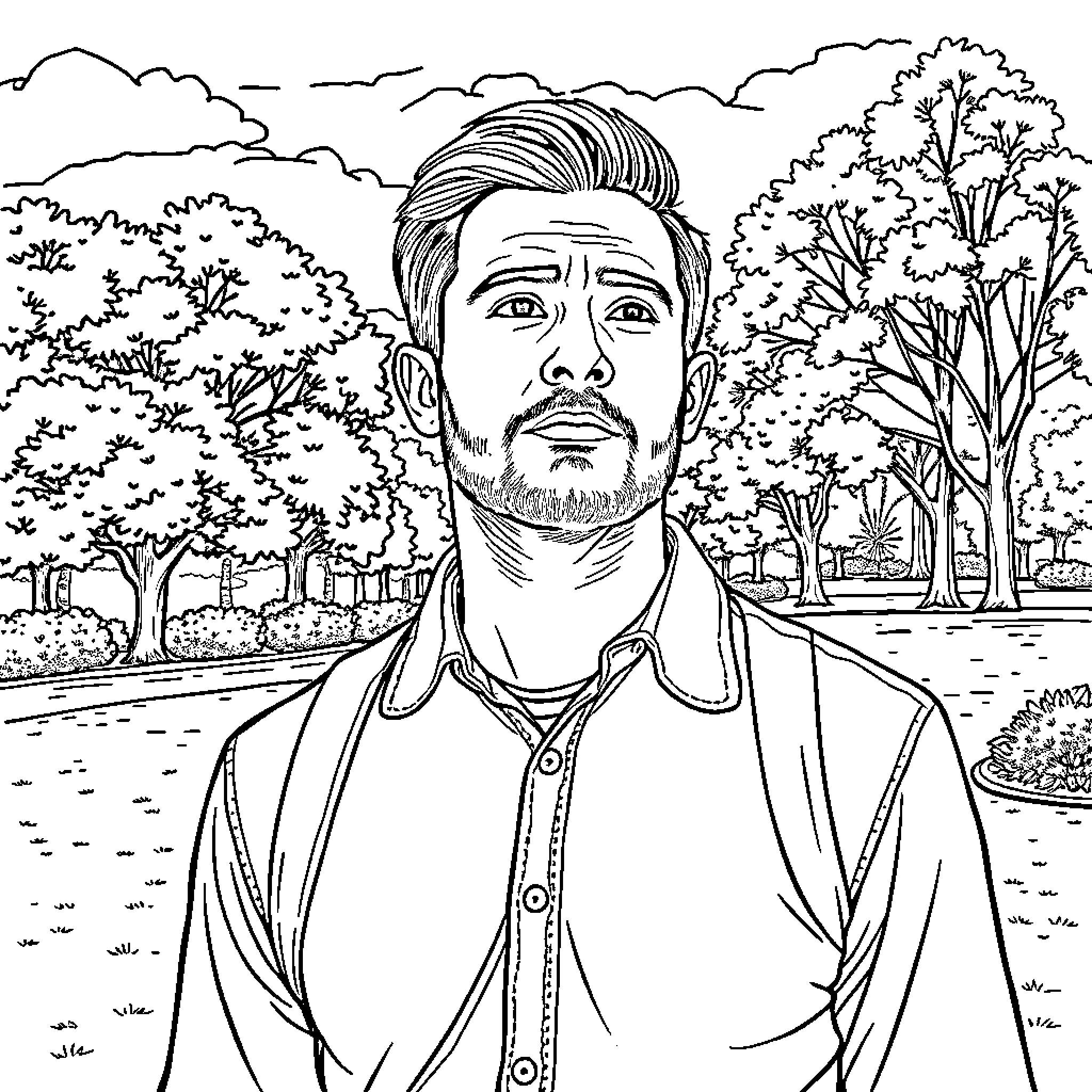 Man contemplating in a serene outdoor setting Coloring Page (free black-and-white line drawing printable PDF for all, from beginners to advanced learners, including children, teens, adults, and seniors)
