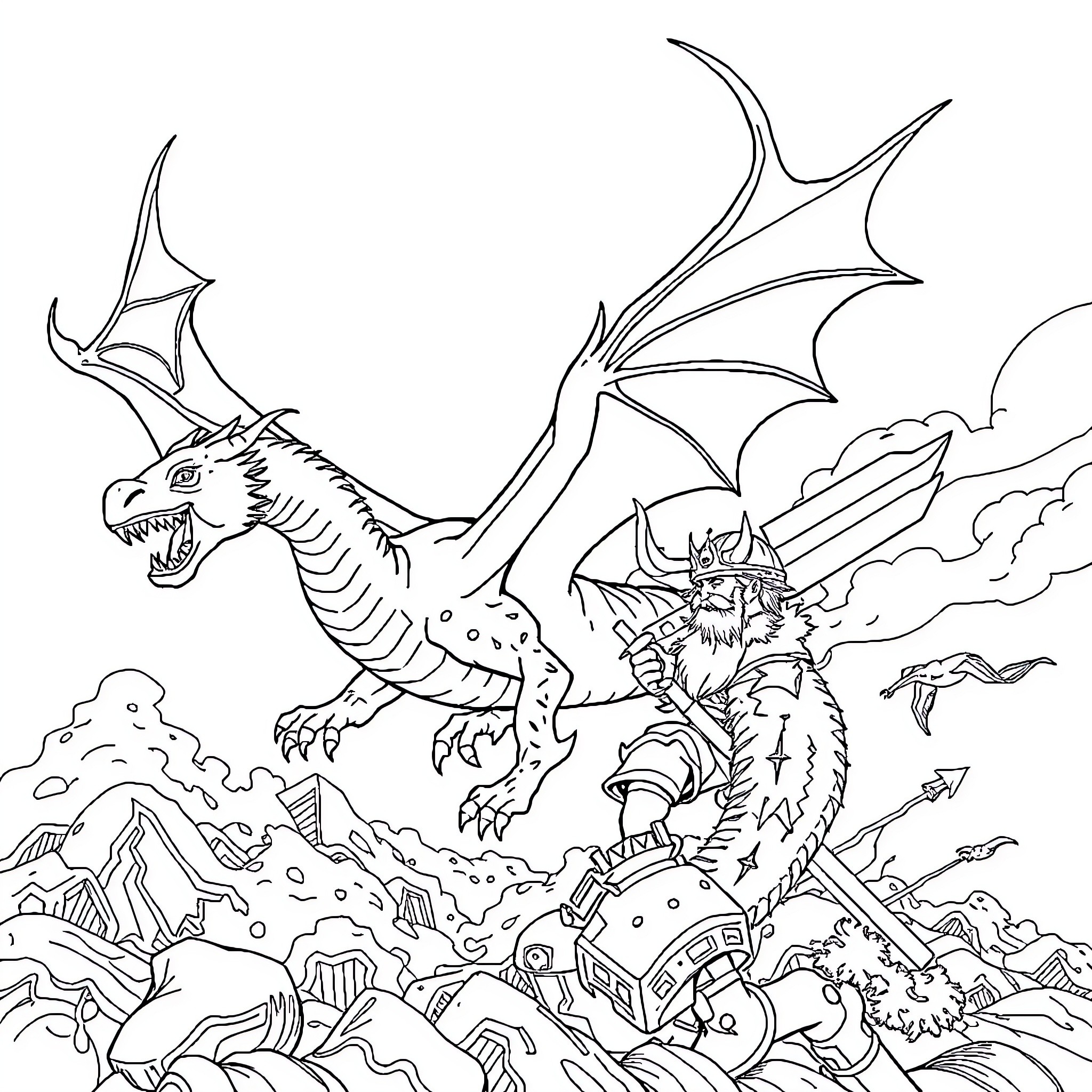 Dragon Battling Fierce Warrior in Mountainous Landscape Coloring Page (free black-and-white line drawing printable PDF for all, from beginners to advanced learners, including children, teens, adults, and seniors)