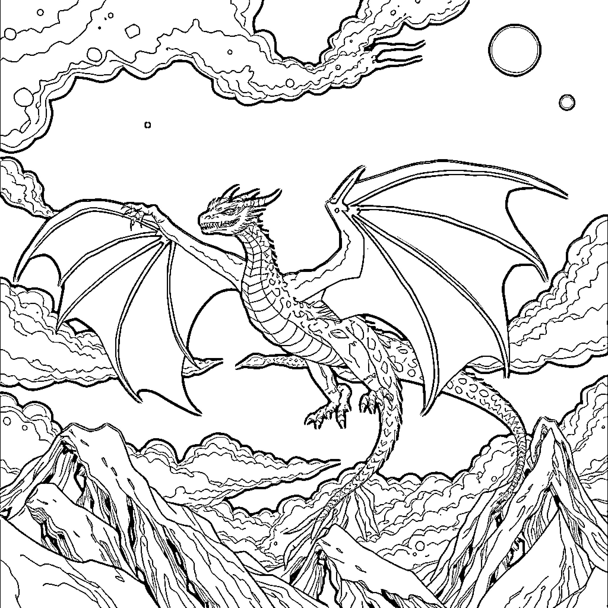 Ender Dragon flying over majestic mountain landscape Coloring Page (free black-and-white line drawing printable PDF for all, from beginners to advanced learners, including children, teens, adults, and seniors)