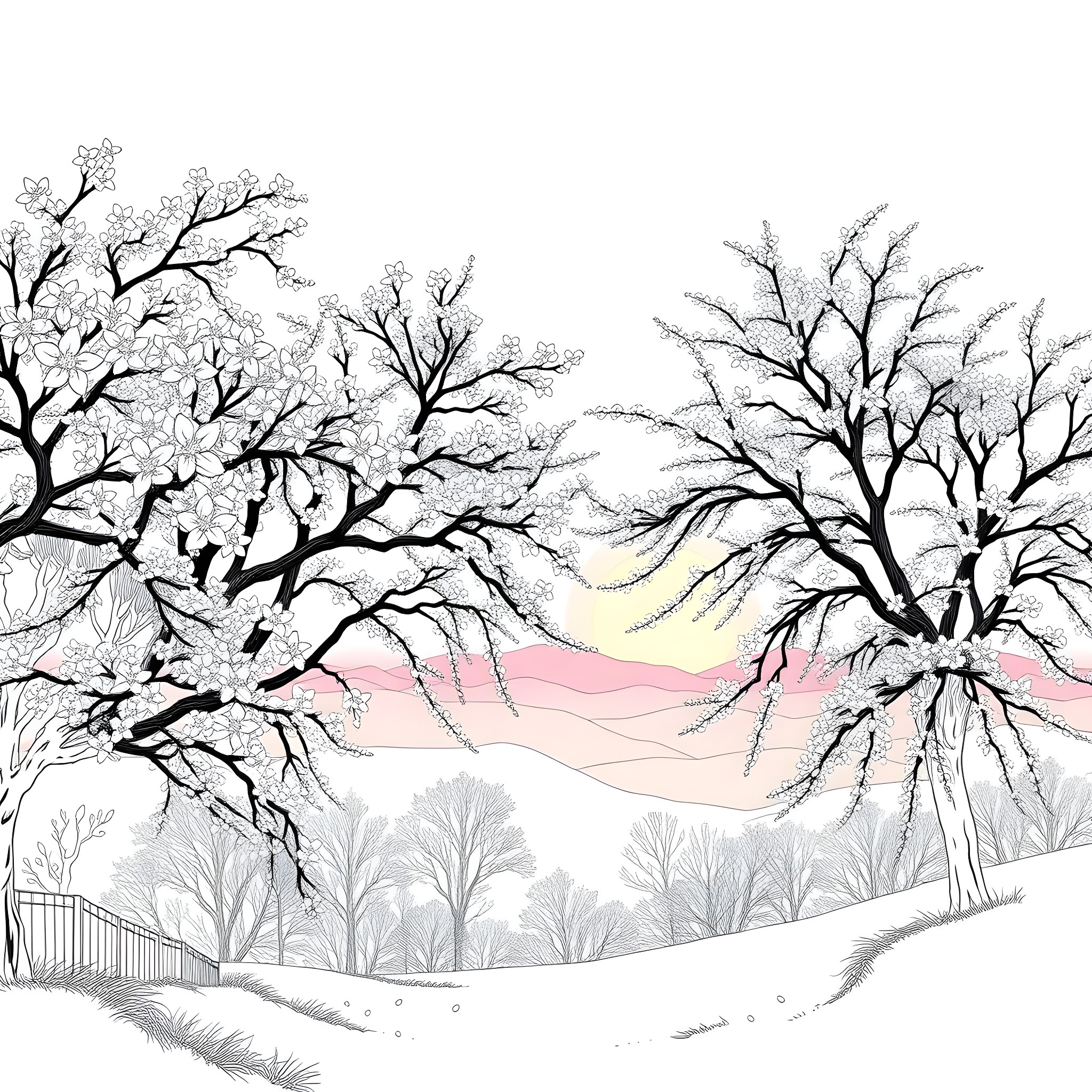 Sakura Trees in Snowy Landscape Coloring Page (free black-and-white line drawing printable PDF for all, from beginners to advanced learners, including children, teens, adults, and seniors)