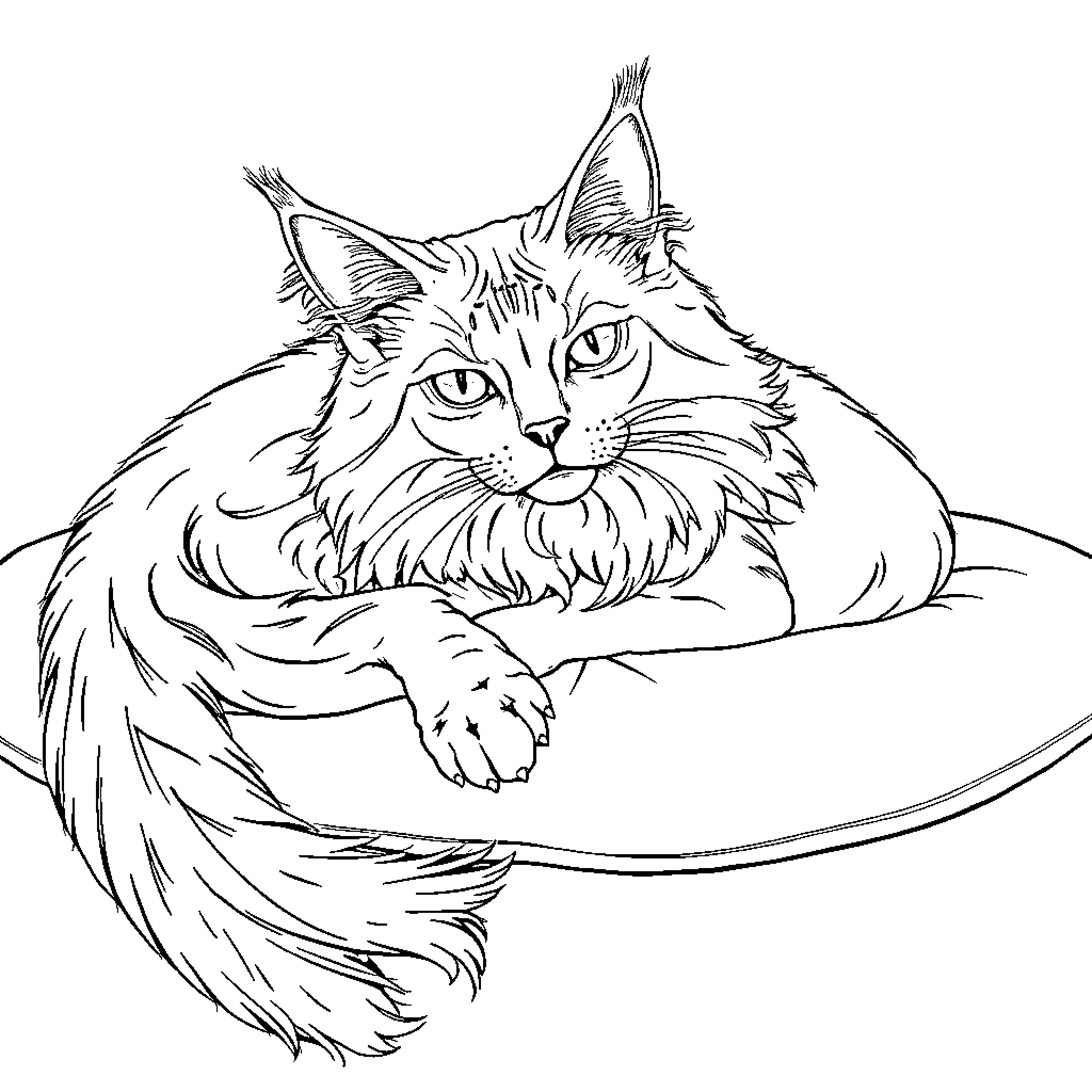 Cat resting comfortably on a surface Coloring Page (free black-and-white line drawing printable PDF for all, from beginners to advanced learners, including children, teens, adults, and seniors)