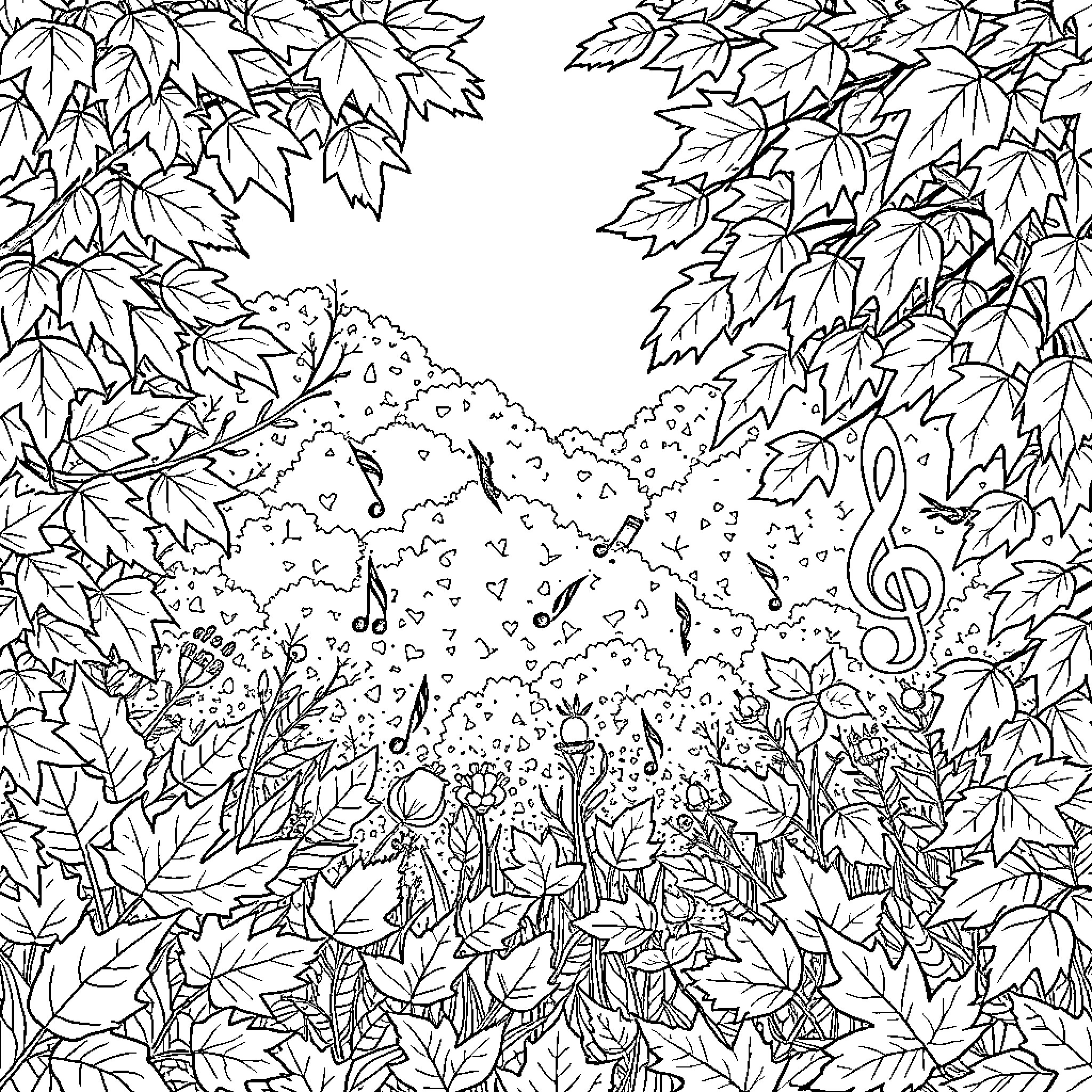 Clef of Musical Notes among Autumn Leaves Coloring Page (free black-and-white line drawing printable PDF for all, from beginners to advanced learners, including children, teens, adults, and seniors)