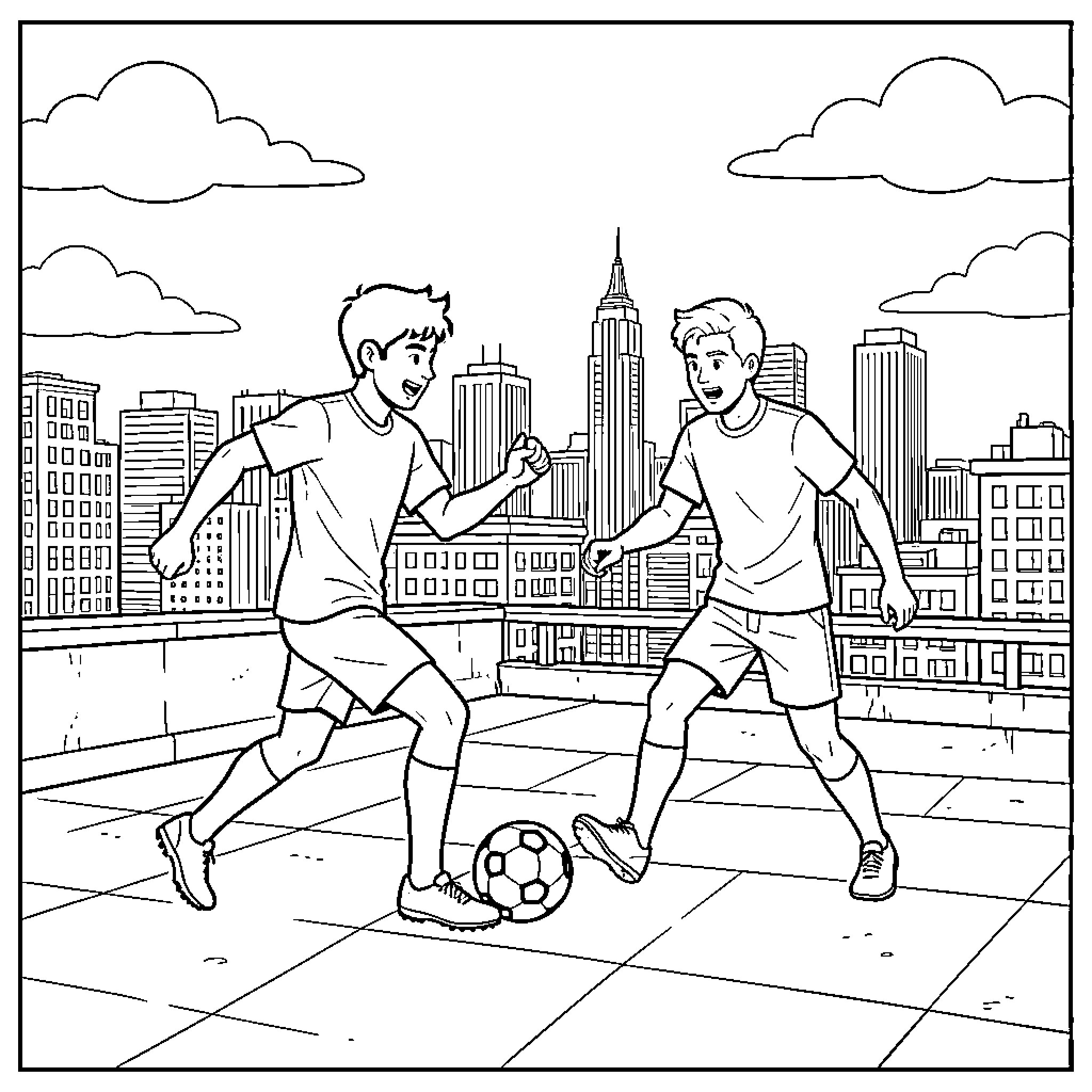 Football Players Competing in Urban Cityscape Coloring Page (free black-and-white line drawing printable PDF for all, from beginners to advanced learners, including children, teens, adults, and seniors)