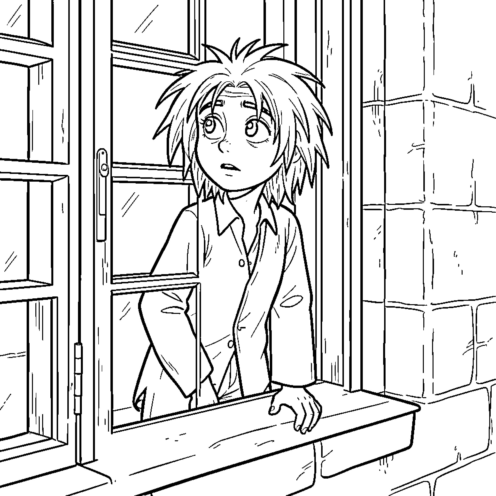 Dobby looking out of a window with a worried expression Coloring Page (free black-and-white line drawing printable PDF for all, from beginners to advanced learners, including children, teens, adults, and seniors)