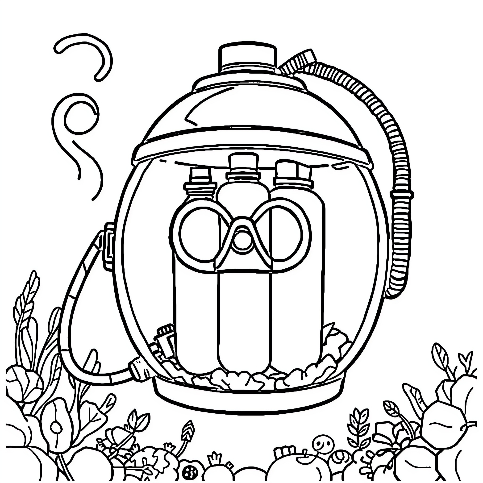 Scuba Tank with Diving Gear in Nature Coloring Page (free black-and-white line drawing printable PDF for all, from beginners to advanced learners, including children, teens, adults, and seniors)