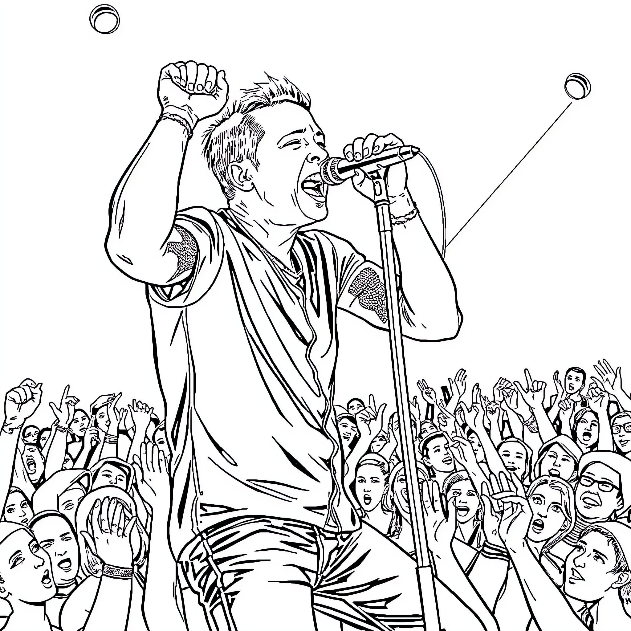 Chester Bennington Performing Passionately on Stage Coloring Page (free black-and-white line drawing printable PDF for all, from beginners to advanced learners, including children, teens, adults, and seniors)