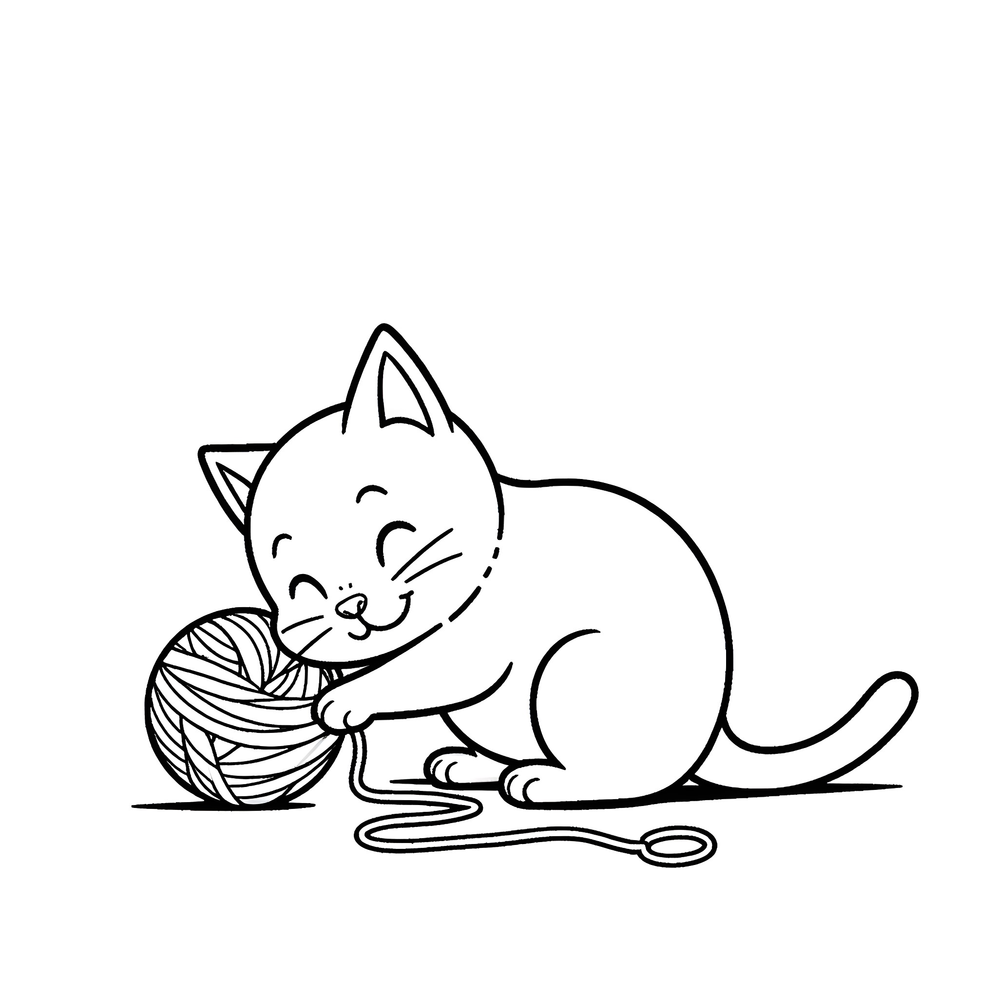 Cat playing with yarn in cozy setting Coloring Page (free black-and-white line drawing printable PDF for all, from beginners to advanced learners, including children, teens, adults, and seniors)