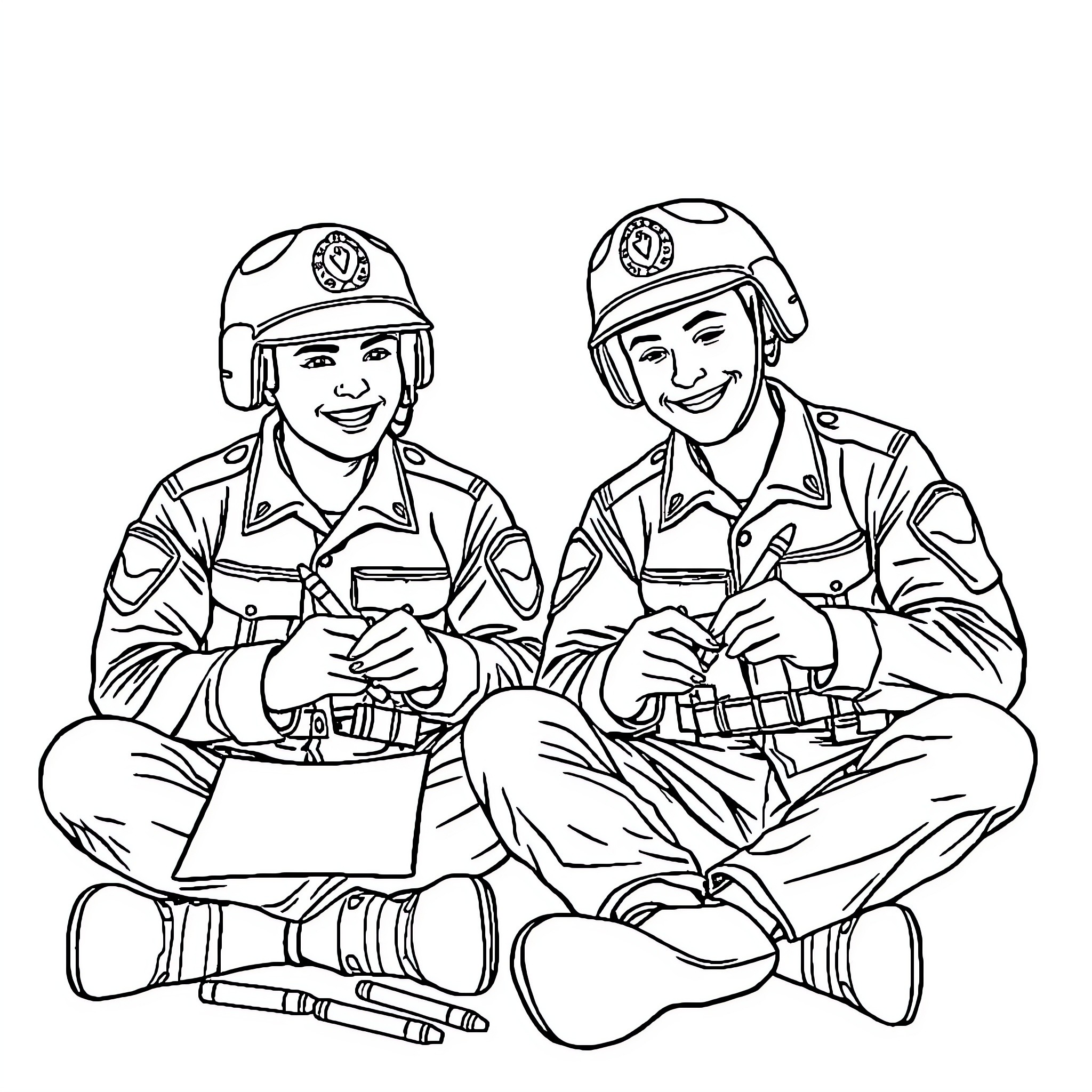 Marine Soldiers Resting and Communicating Coloring Page (free black-and-white line drawing printable PDF for all, from beginners to advanced learners, including children, teens, adults, and seniors)