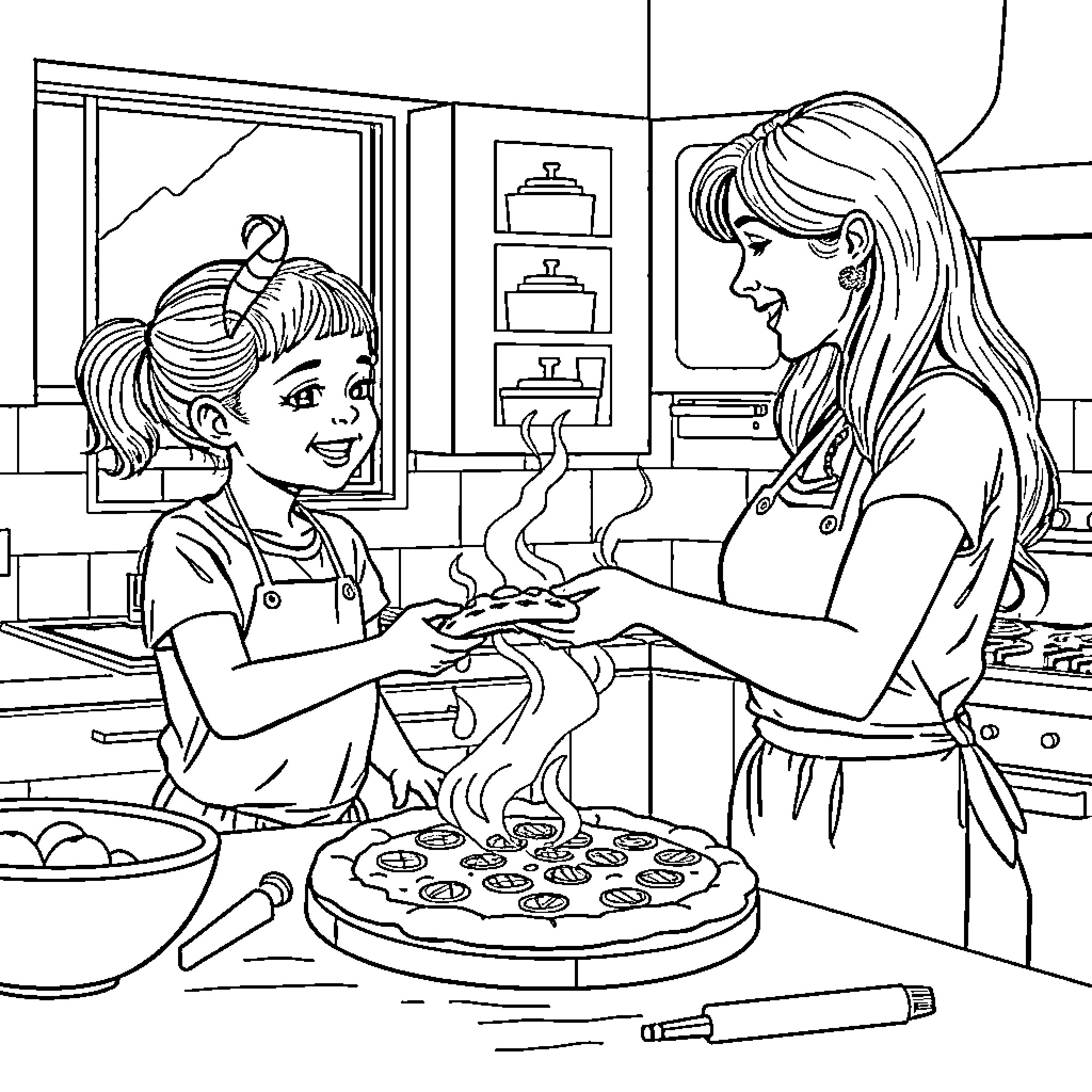 Woman and child baking together in the kitchen Coloring Page (free black-and-white line drawing printable PDF for all, from beginners to advanced learners, including children, teens, adults, and seniors)