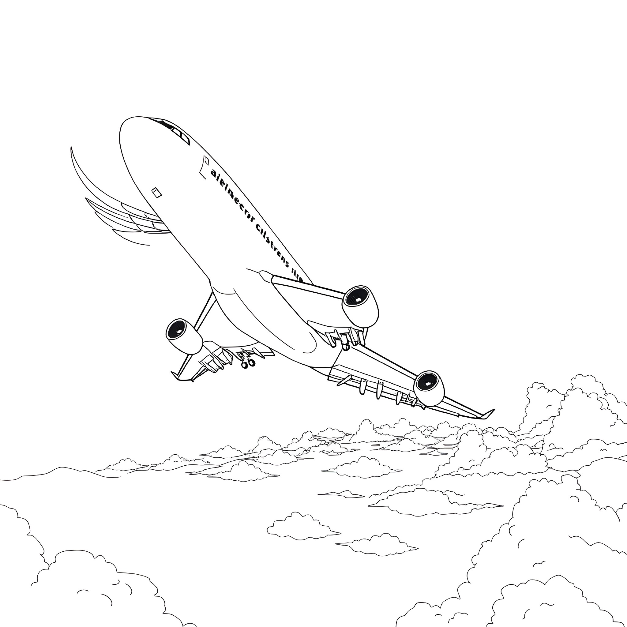 Airliner soaring through cloudy skies Coloring Page (free black-and-white line drawing printable PDF for all, from beginners to advanced learners, including children, teens, adults, and seniors)