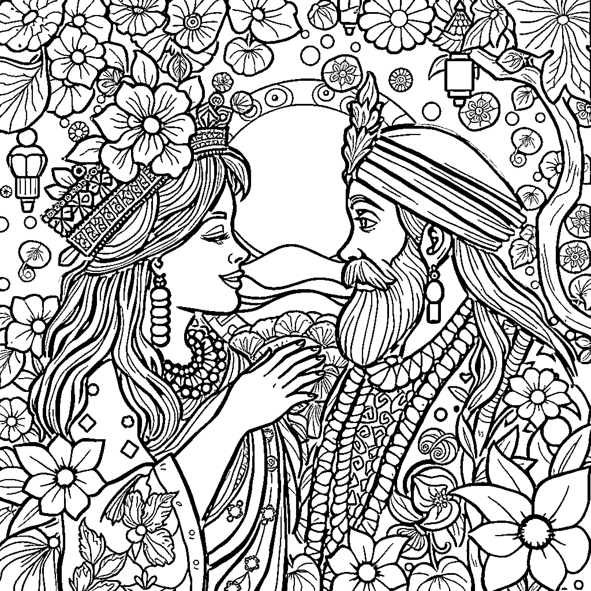 Culture of Ornate Floral Figures Coloring Page (free black-and-white line drawing printable PDF for all, from beginners to advanced learners, including children, teens, adults, and seniors)