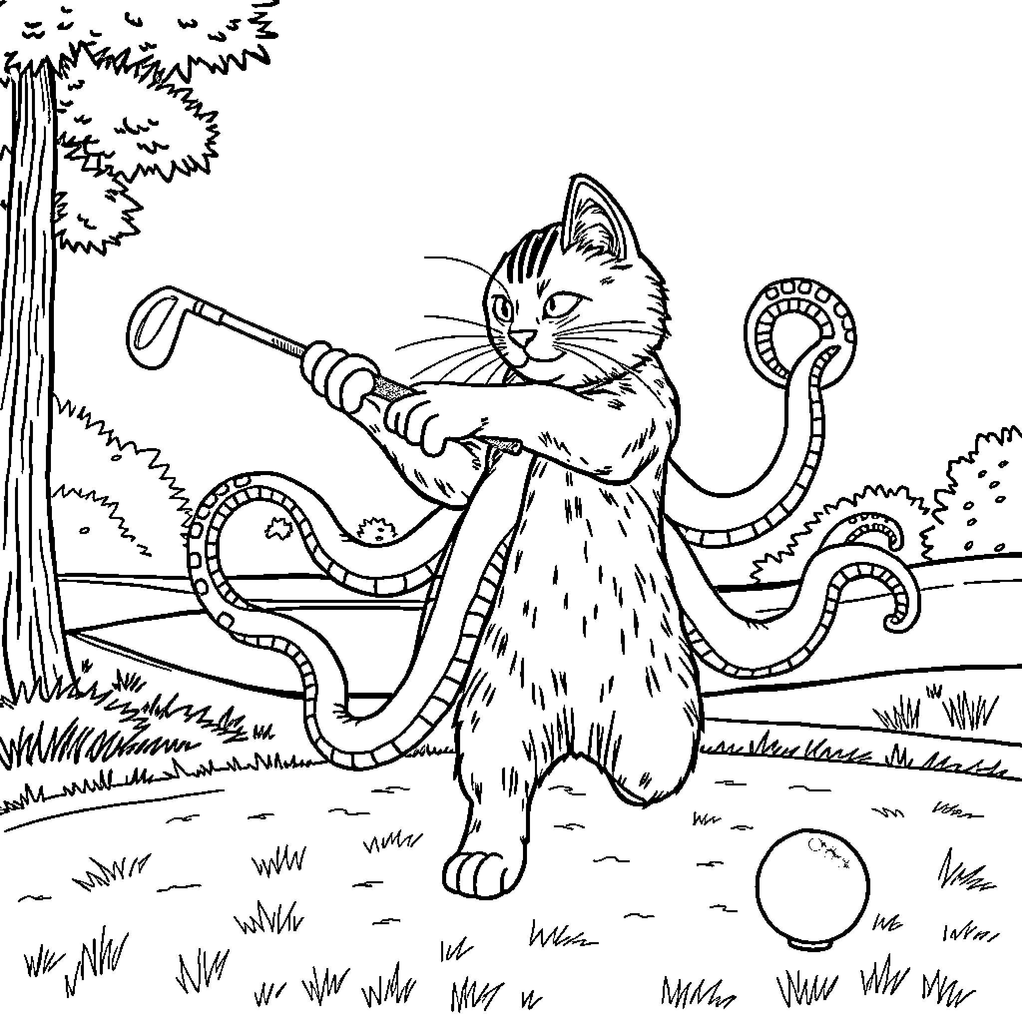Cat Octopus Playing in the Woods Coloring Page (free black-and-white line drawing printable PDF for all, from beginners to advanced learners, including children, teens, adults, and seniors)