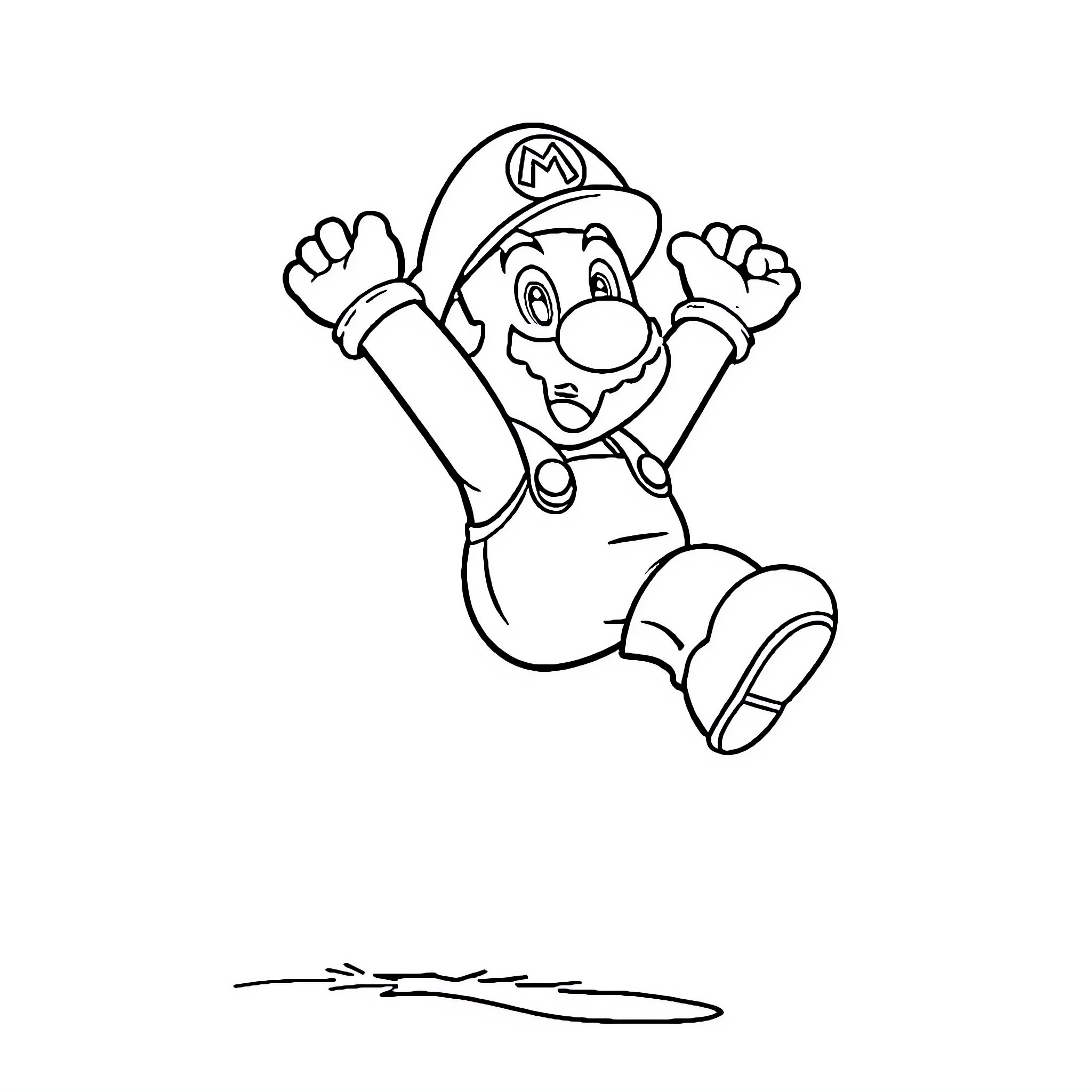 Mario jumping excitedly in the air Coloring Page (free black-and-white line drawing printable PDF for all, from beginners to advanced learners, including children, teens, adults, and seniors)