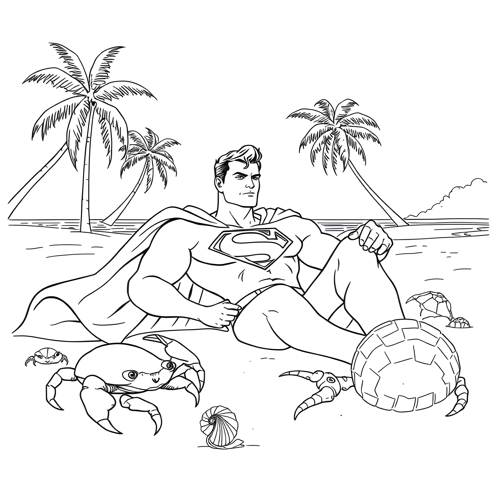 Superman relaxing on a tropical beach Coloring Page (free black-and-white line drawing printable PDF for all, from beginners to advanced learners, including children, teens, adults, and seniors)
