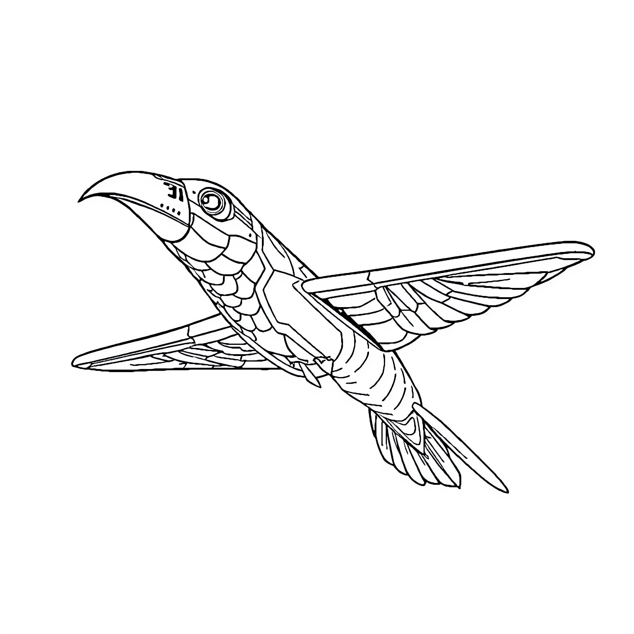 Avión de colibrí volando con alas extendidas Coloring Page (free black-and-white line drawing printable PDF for all, from beginners to advanced learners, including children, teens, adults, and seniors)