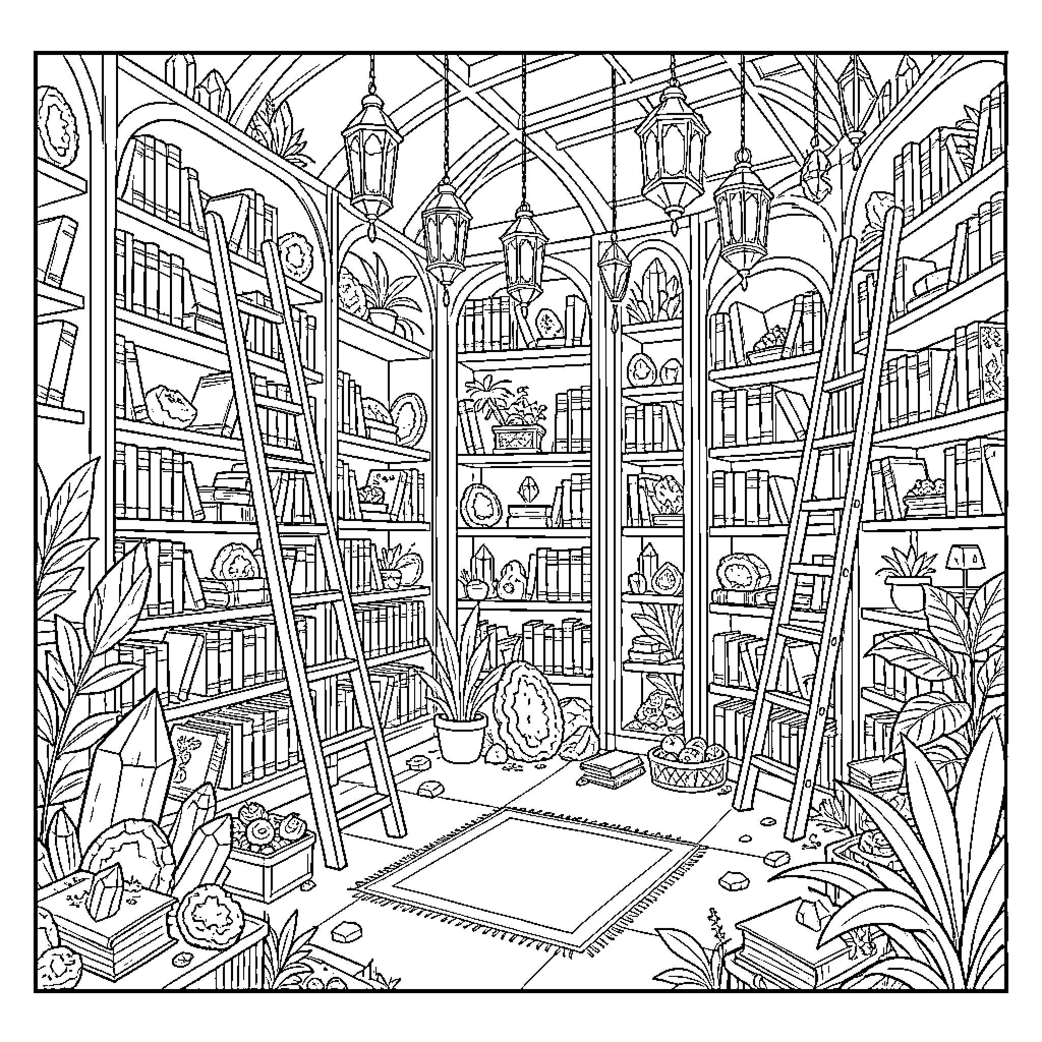 Library filled with tall bookshelves and hanging lanterns Coloring Page (free black-and-white line drawing printable PDF for all, from beginners to advanced learners, including children, teens, adults, and seniors)