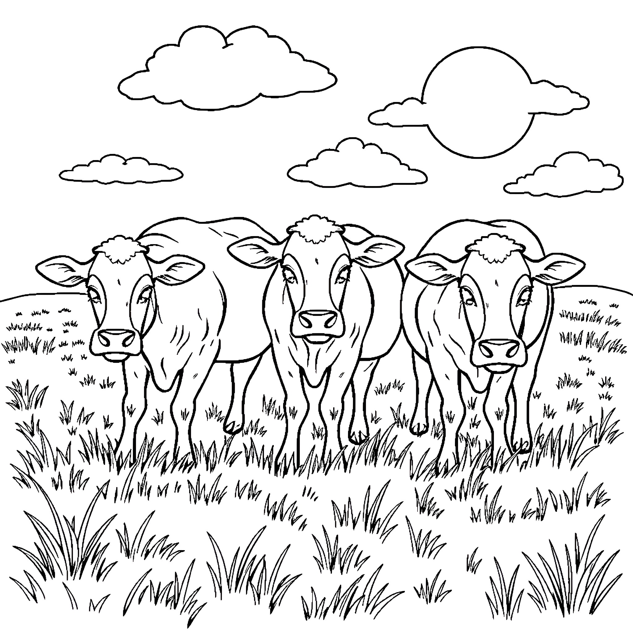 Cows grazing peacefully in a pastoral landscape Coloring Page (free black-and-white line drawing printable PDF for all, from beginners to advanced learners, including children, teens, adults, and seniors)