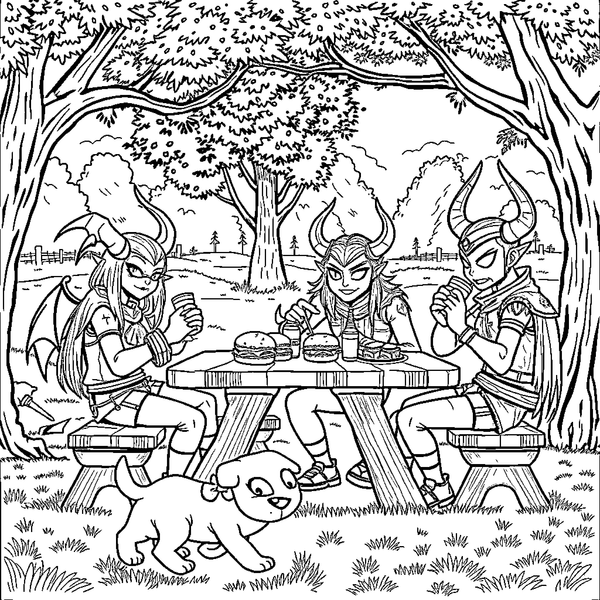 Huntrix: Fantastical Figures Feasting in Forest Coloring Page (free black-and-white line drawing printable PDF for all, from beginners to advanced learners, including children, teens, adults, and seniors)