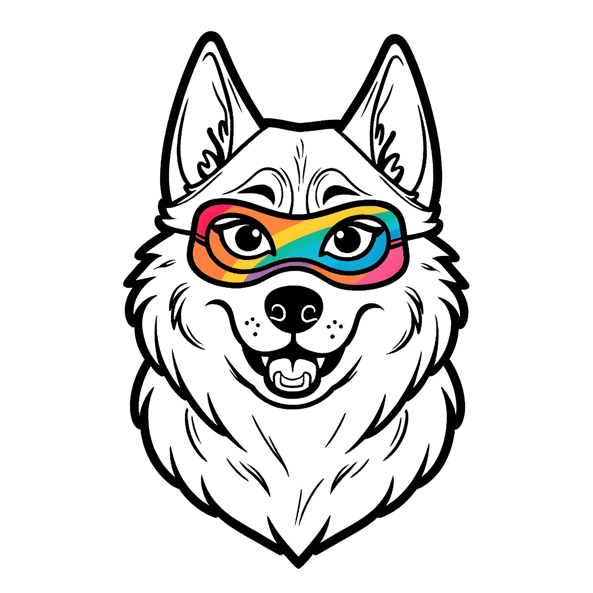 Husky wearing colorful sunglasses Coloring Page (free black-and-white line drawing printable PDF for all, from beginners to advanced learners, including children, teens, adults, and seniors)