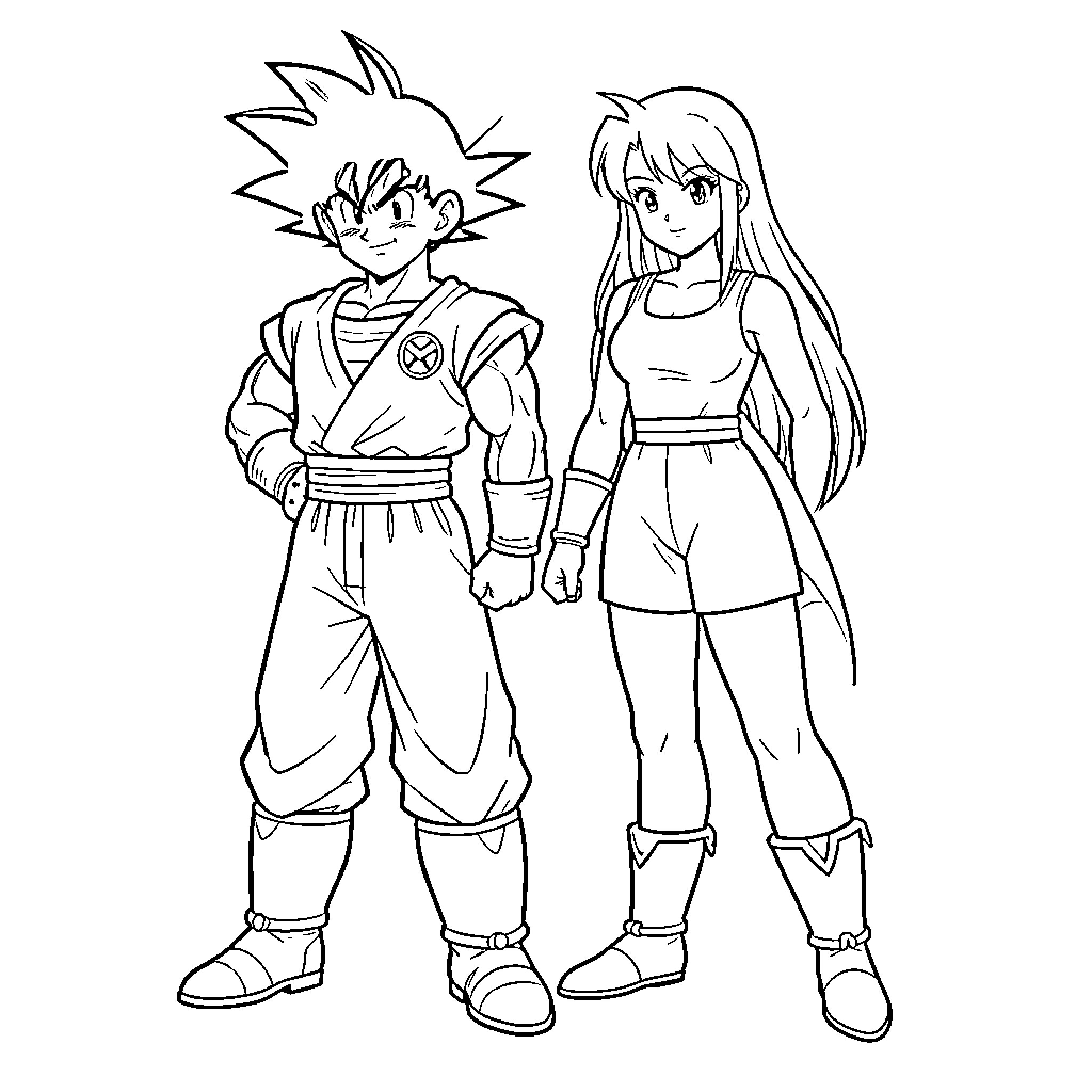 Piccolo characters standing side by side in martial arts outfits Coloring Page (free black-and-white line drawing printable PDF for all, from beginners to advanced learners, including children, teens, adults, and seniors)