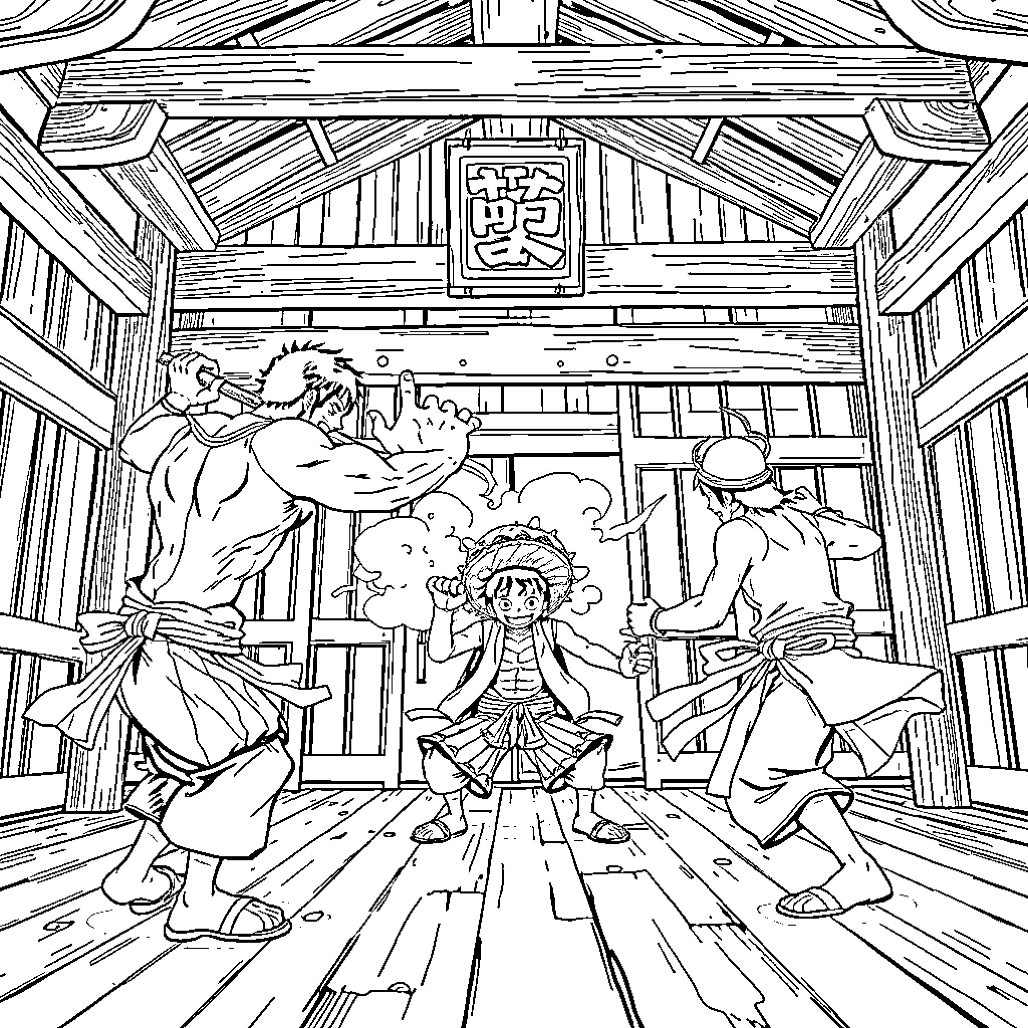 YUJI characters facing off in a wooden room Coloring Page (free black-and-white line drawing printable PDF for all, from beginners to advanced learners, including children, teens, adults, and seniors)