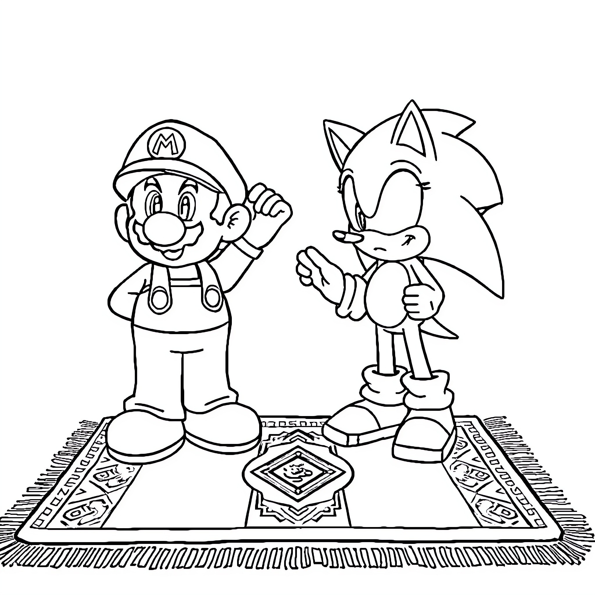 Mario and Sonic playing on a patterned rug Coloring Page (free black-and-white line drawing printable PDF for all, from beginners to advanced learners, including children, teens, adults, and seniors)