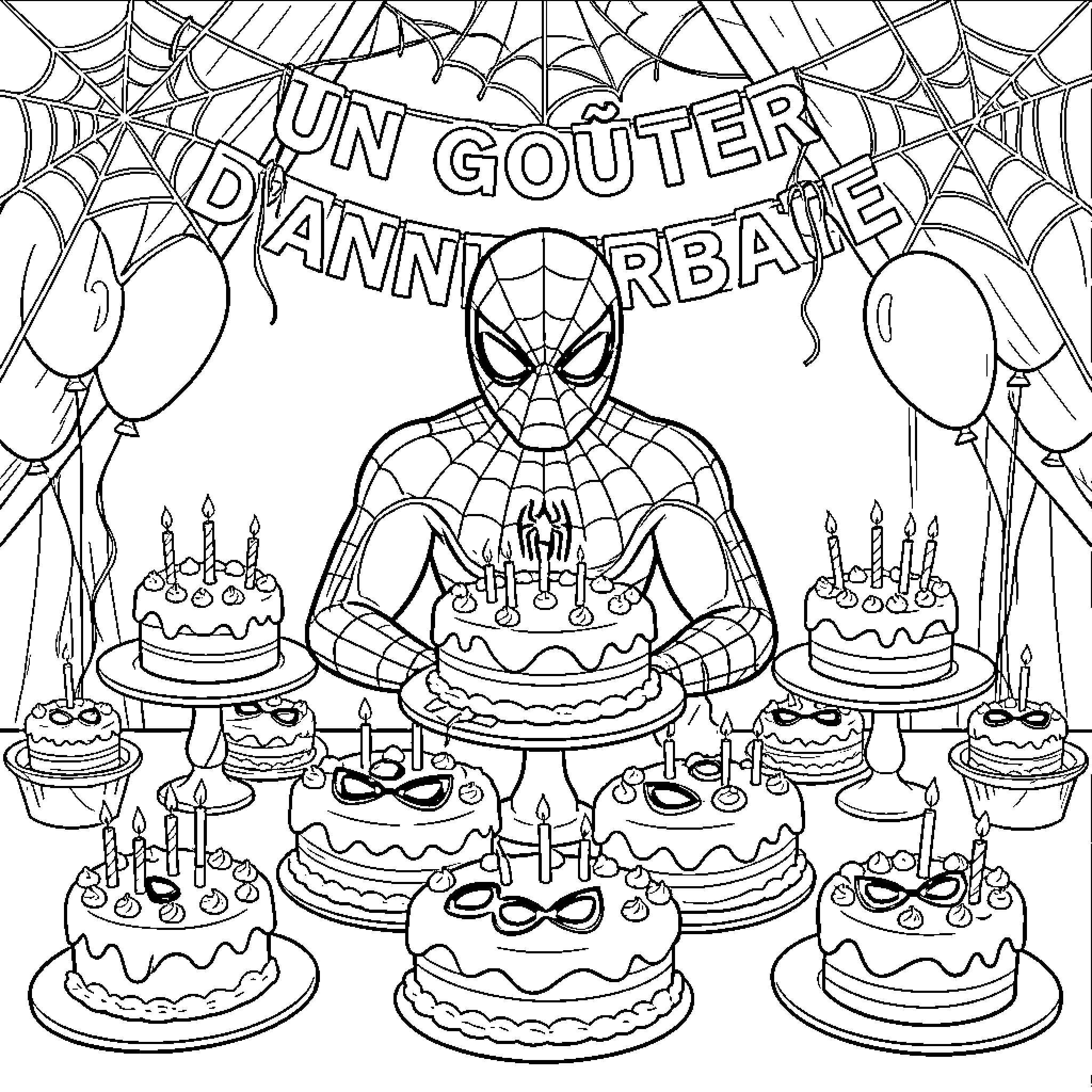 Spiderman sitting behind a table full of birthday cakes Coloring Page (free black-and-white line drawing printable PDF for all, from beginners to advanced learners, including children, teens, adults, and seniors)