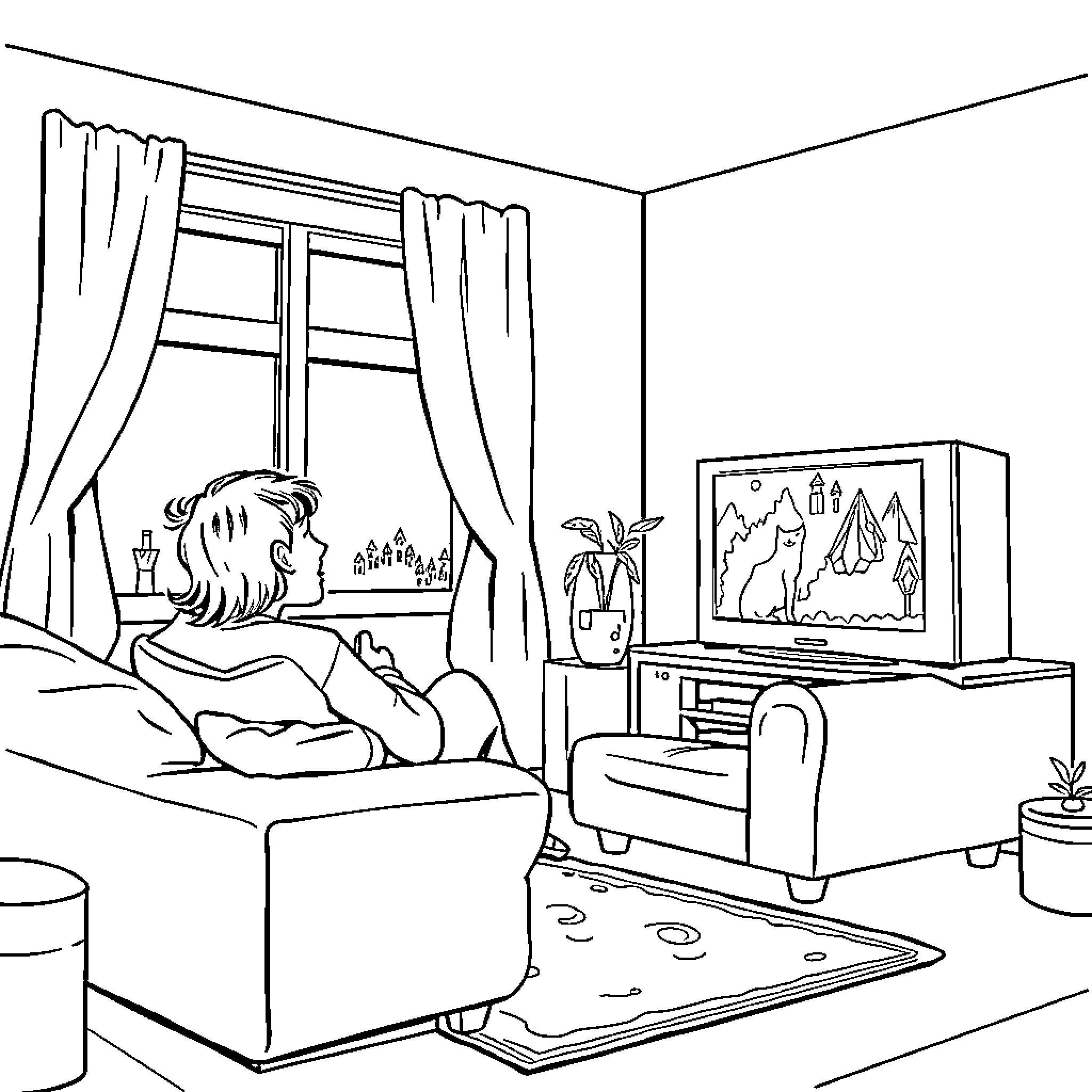 Cat relaxing on cozy sofa watching television Coloring Page (free black-and-white line drawing printable PDF for all, from beginners to advanced learners, including children, teens, adults, and seniors)