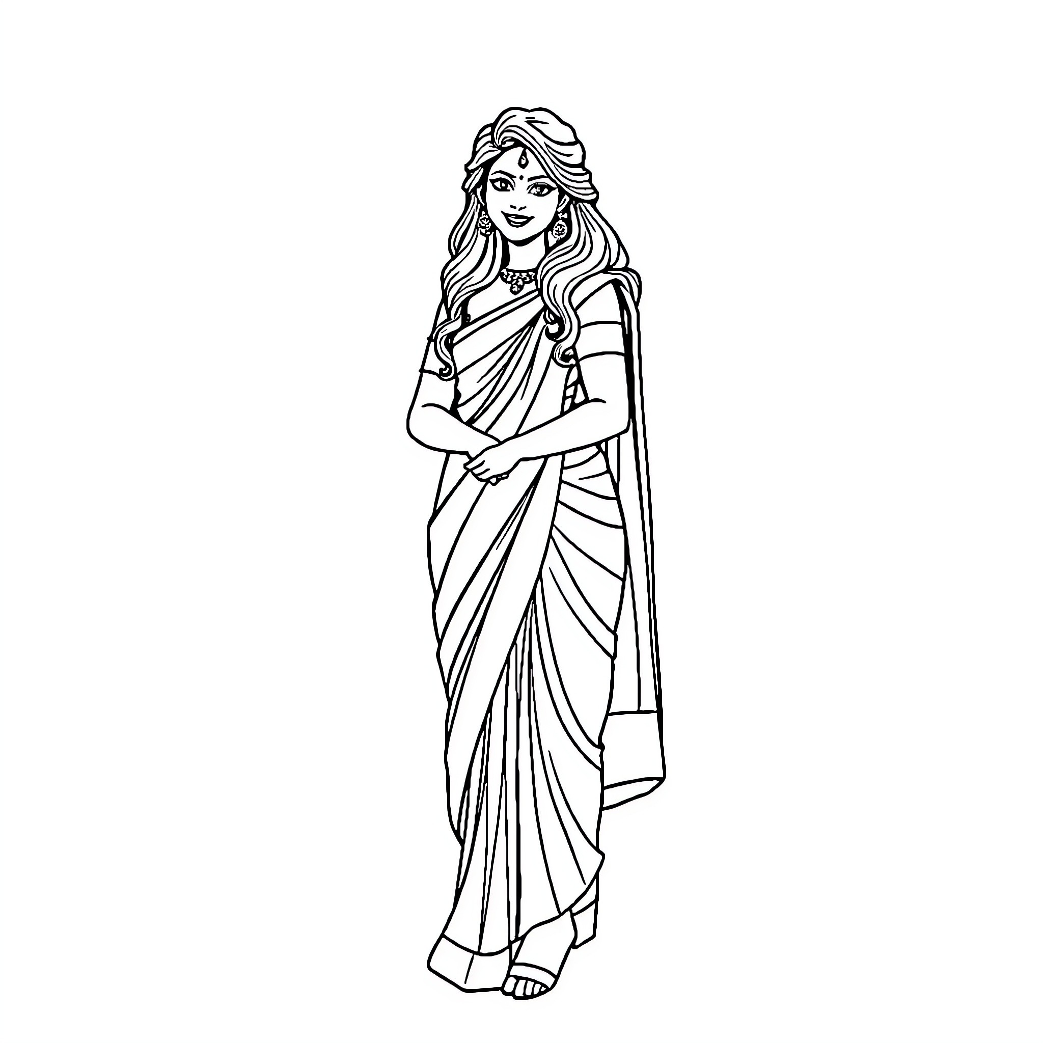 Vedhika in traditional Indian attire Coloring Page (free black-and-white line drawing printable PDF for all, from beginners to advanced learners, including children, teens, adults, and seniors)