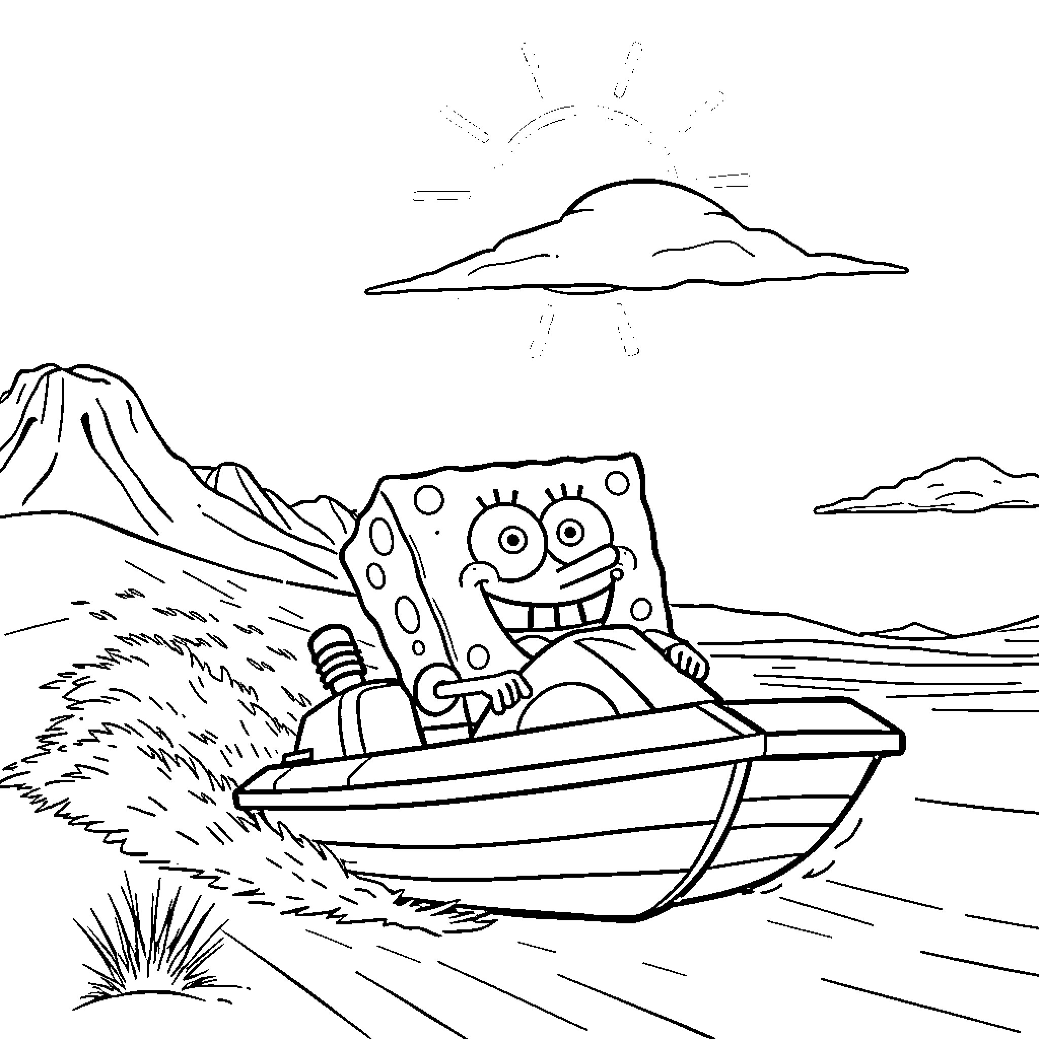 Spongebob riding a boat in the ocean Coloring Page (free black-and-white line drawing printable PDF for all, from beginners to advanced learners, including children, teens, adults, and seniors)