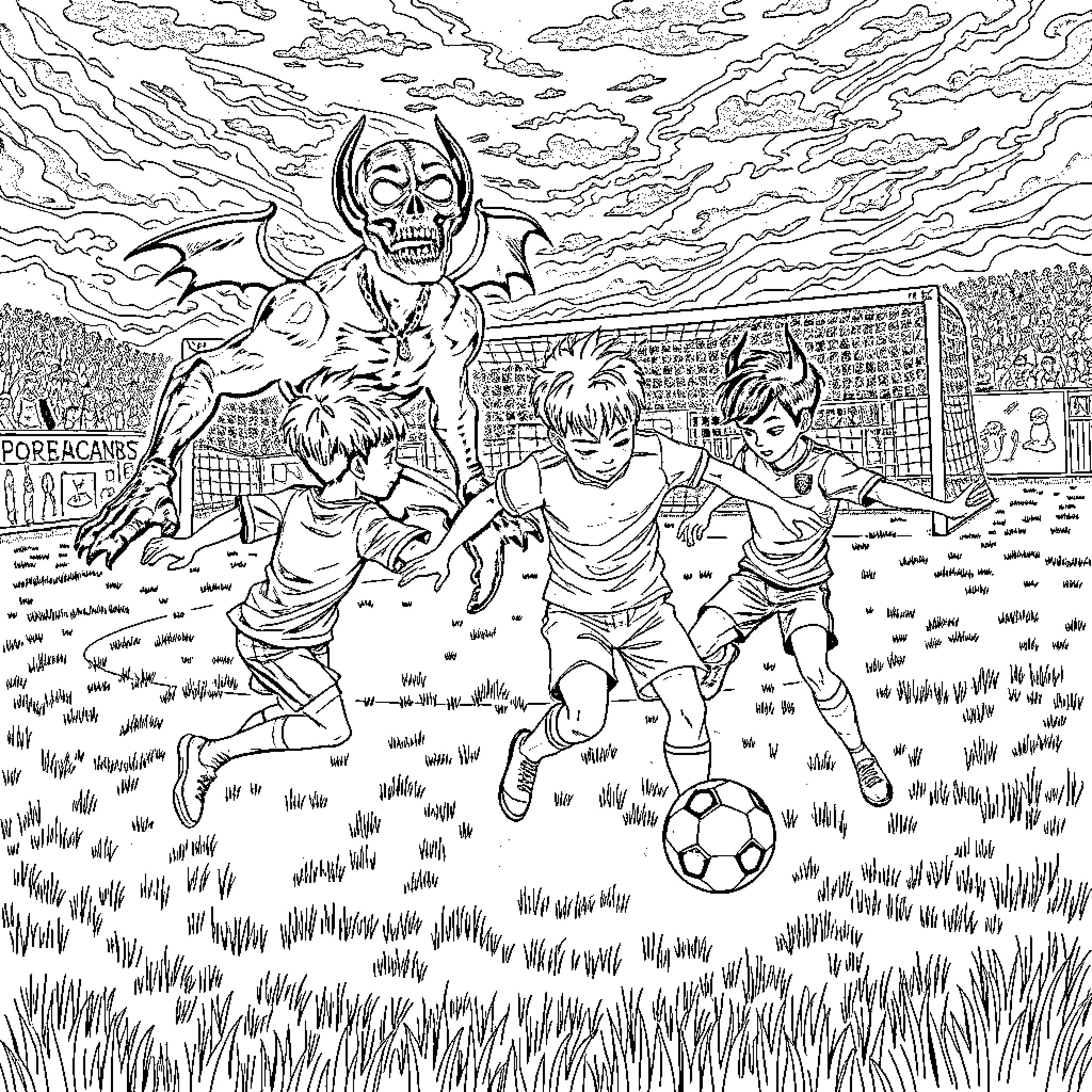 Boy's soccer game against spooky supernatural foes Coloring Page (free black-and-white line drawing printable PDF for all, from beginners to advanced learners, including children, teens, adults, and seniors)