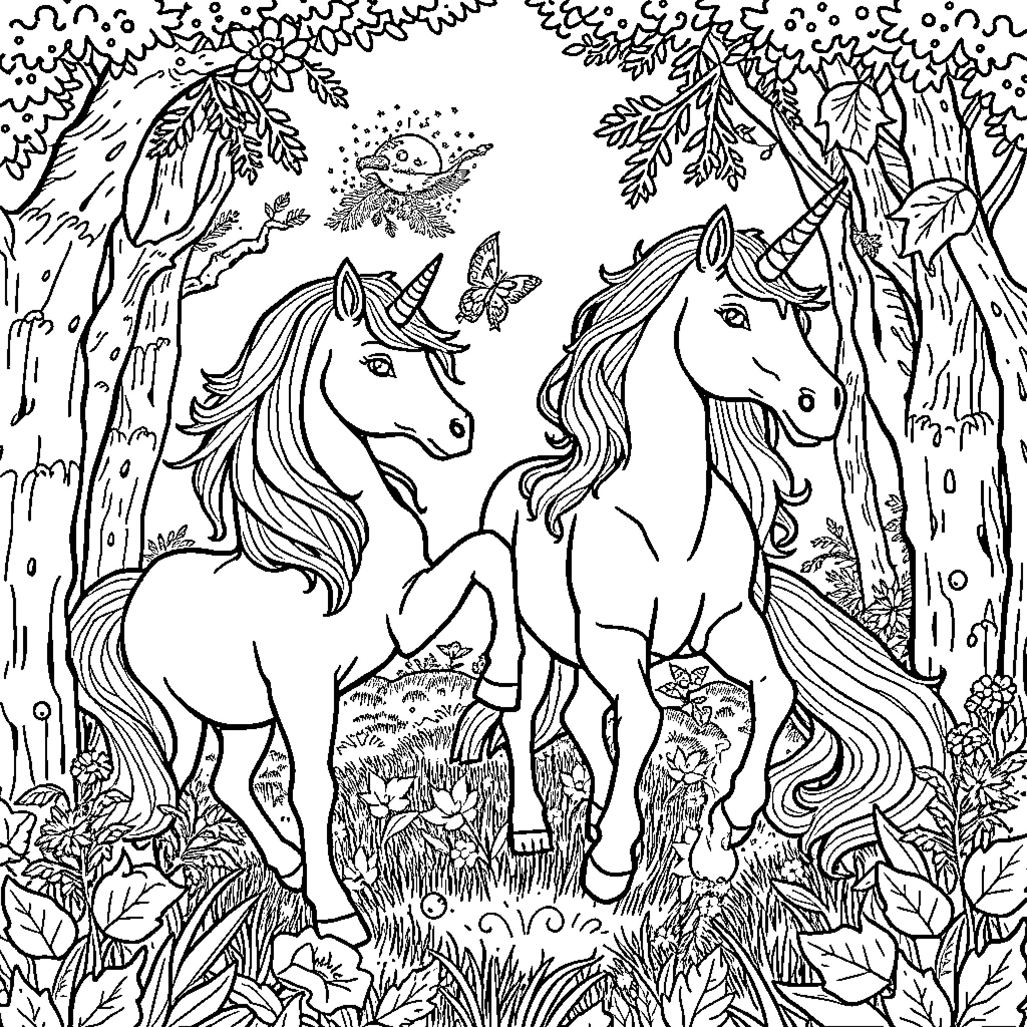 Unicorn Companions Exploring the Enchanted Forest Coloring Page (free black-and-white line drawing printable PDF for all, from beginners to advanced learners, including children, teens, adults, and seniors)