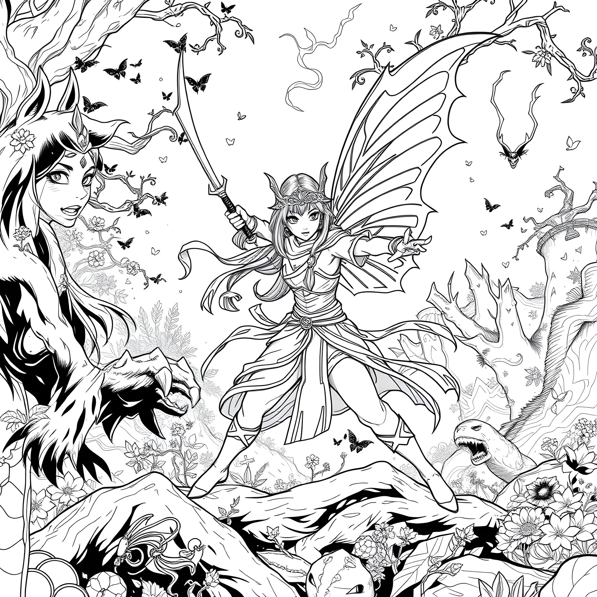 Princess Fairy Commanding Butterflies in Enchanted Forest Coloring Page (free black-and-white line drawing printable PDF for all, from beginners to advanced learners, including children, teens, adults, and seniors)