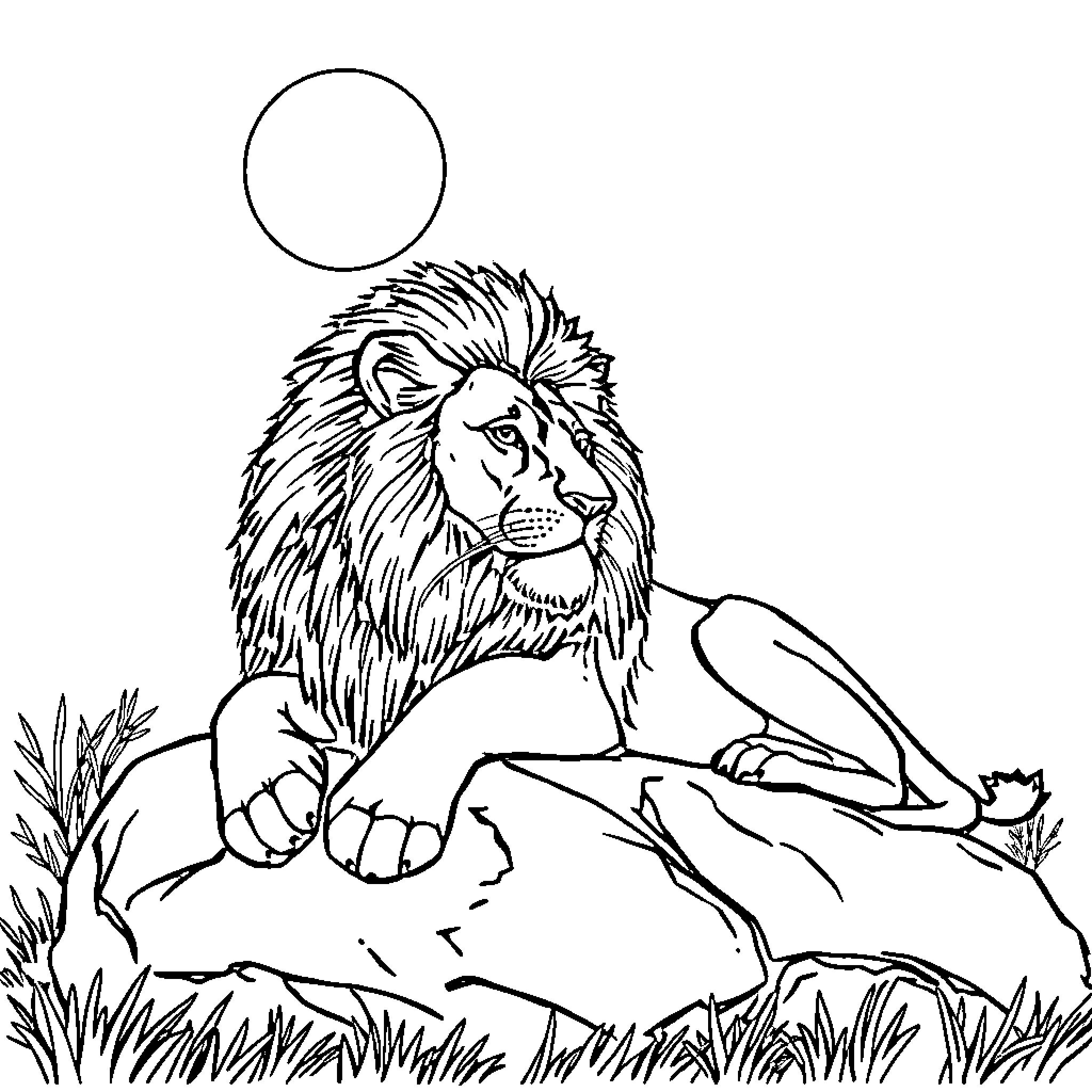 Lion resting peacefully in the wild Coloring Page (free black-and-white line drawing printable PDF for all, from beginners to advanced learners, including children, teens, adults, and seniors)